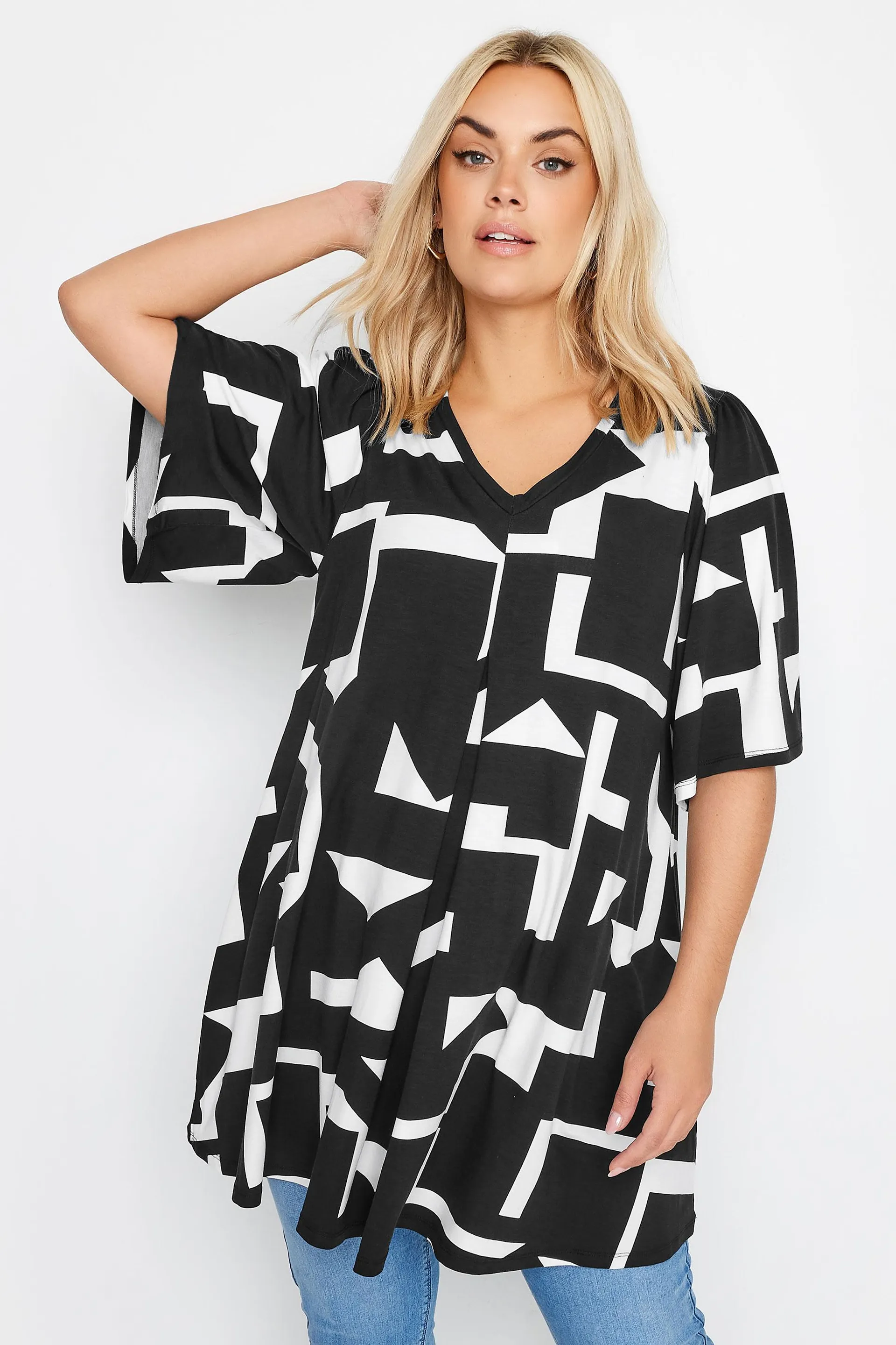 YOURS Curve Black Abstract Print Angel Sleeve Top