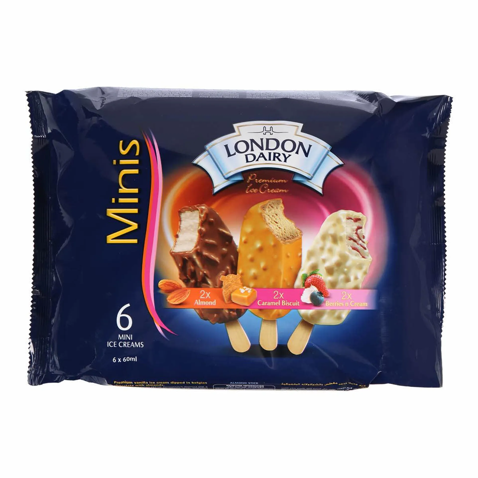 London Dairy Ice Cream Minis Almond + Caramel Biscuit + Berries Cream 6 x 60 ml