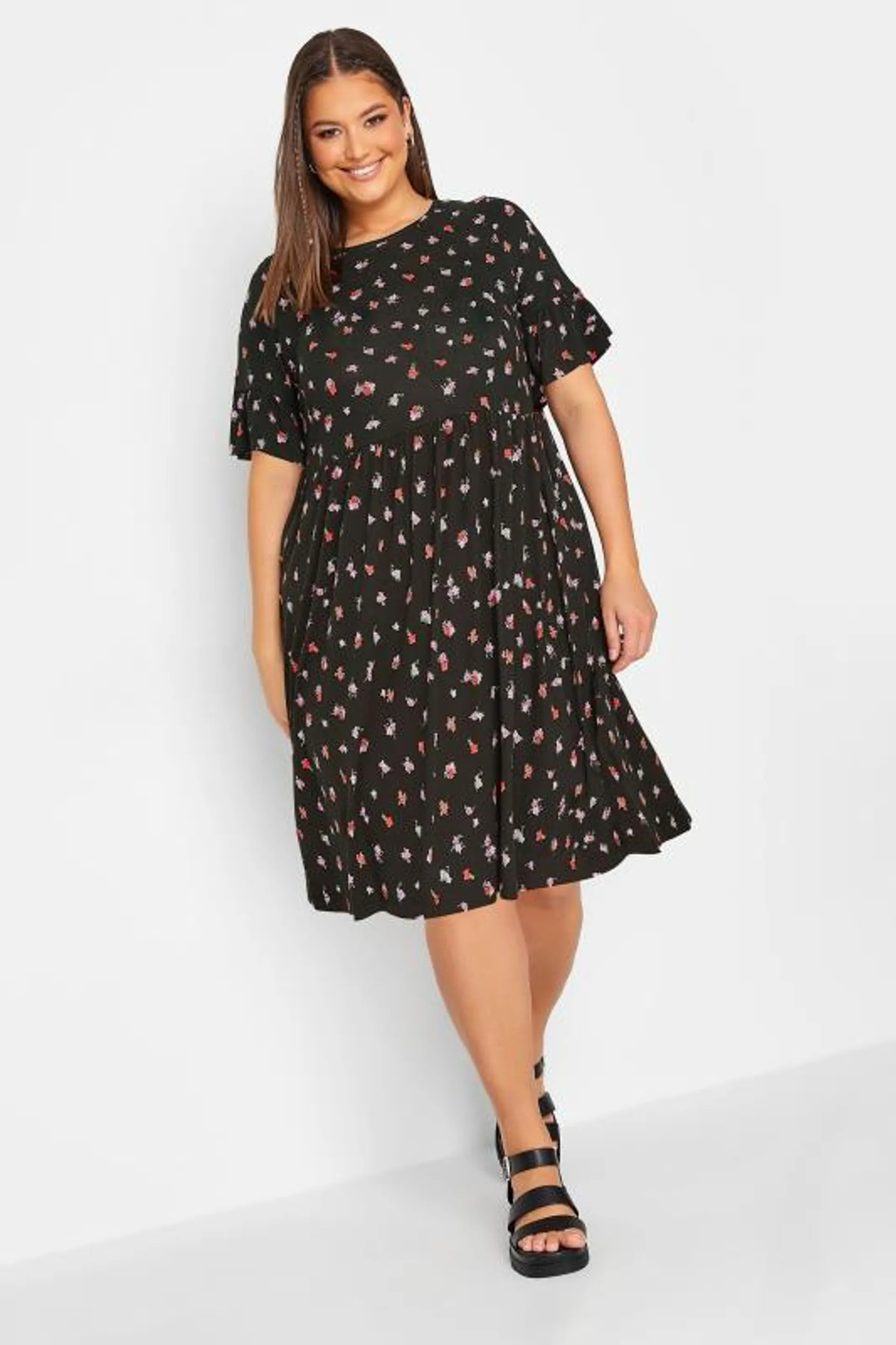 YOURS Curve Black & Pink Ditsy Floral Print Smock Tunic Dress