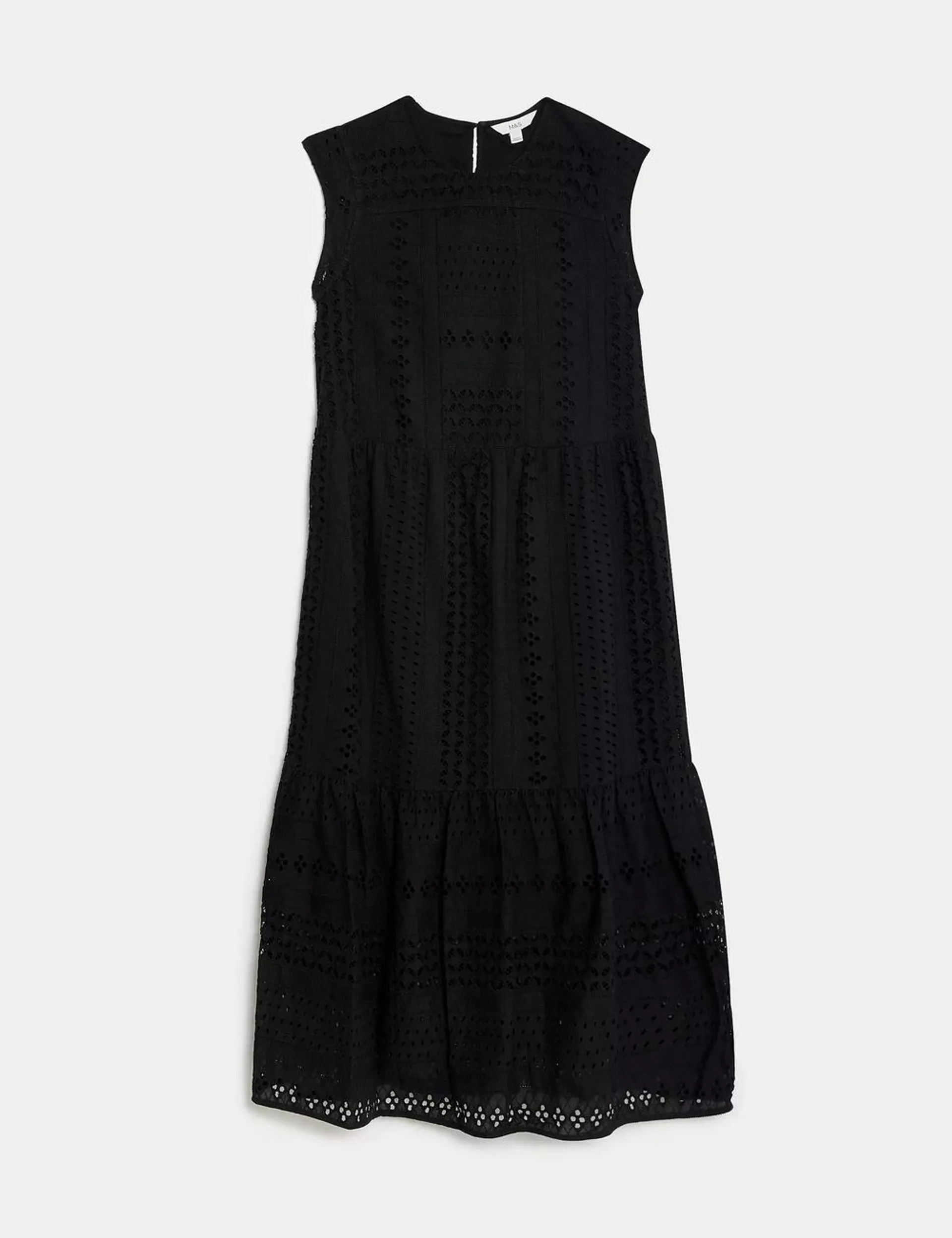 Pure Cotton Broderie Midi Tiered Dress