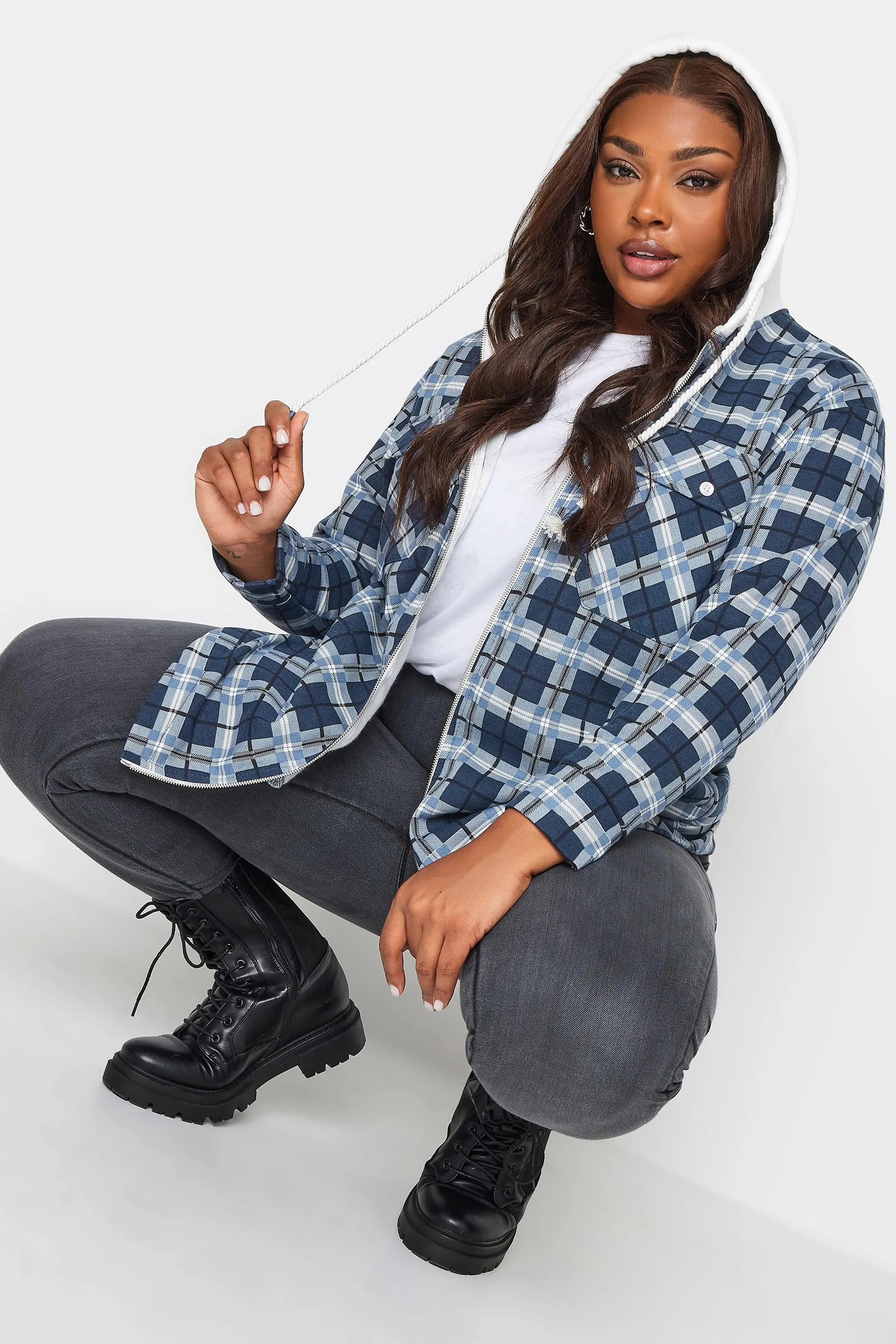 YOURS Curve Blue Check Zip Through Hooded Shacket