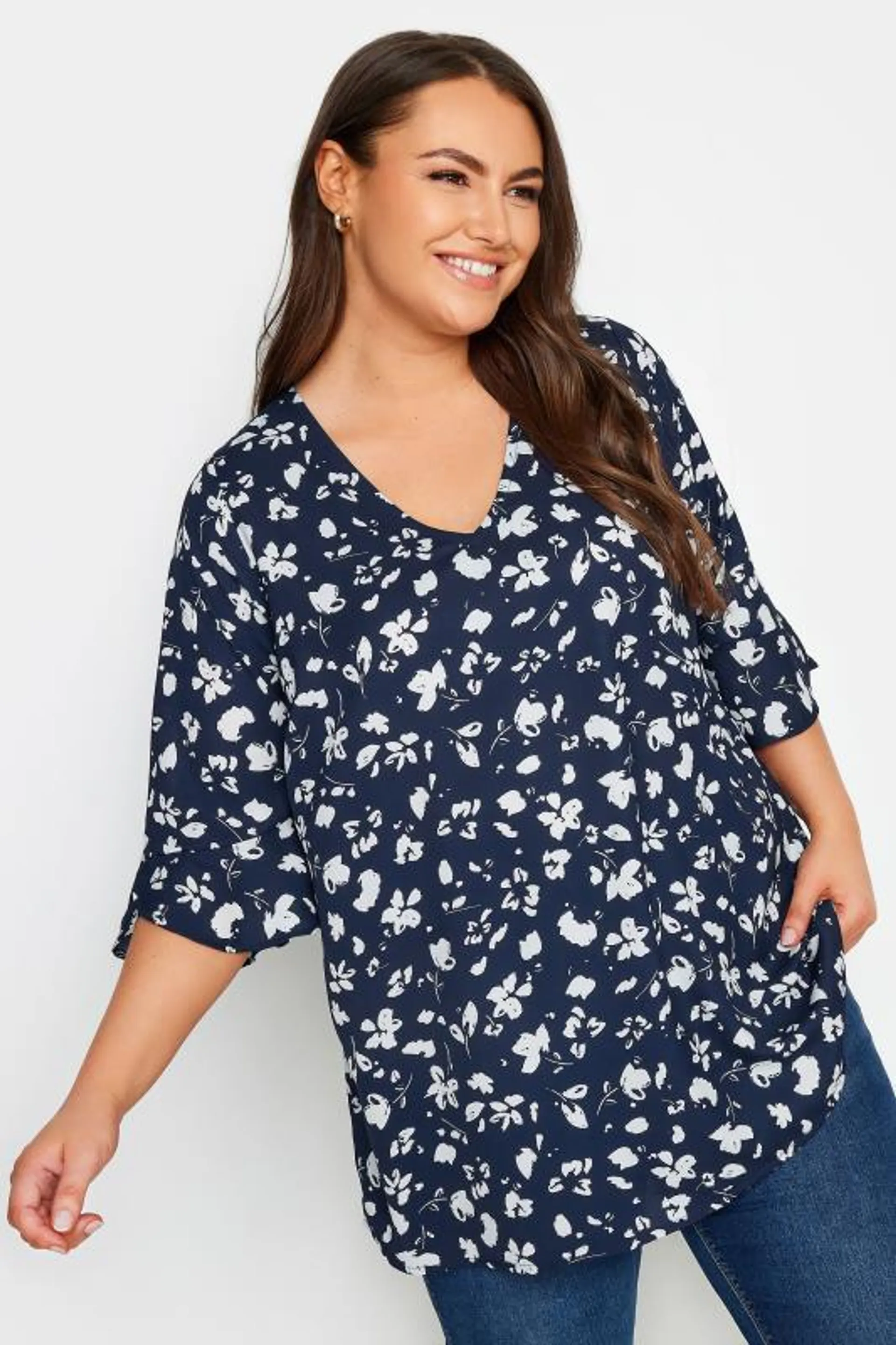 YOURS Curve Navy Blue Floral Print Swing Top