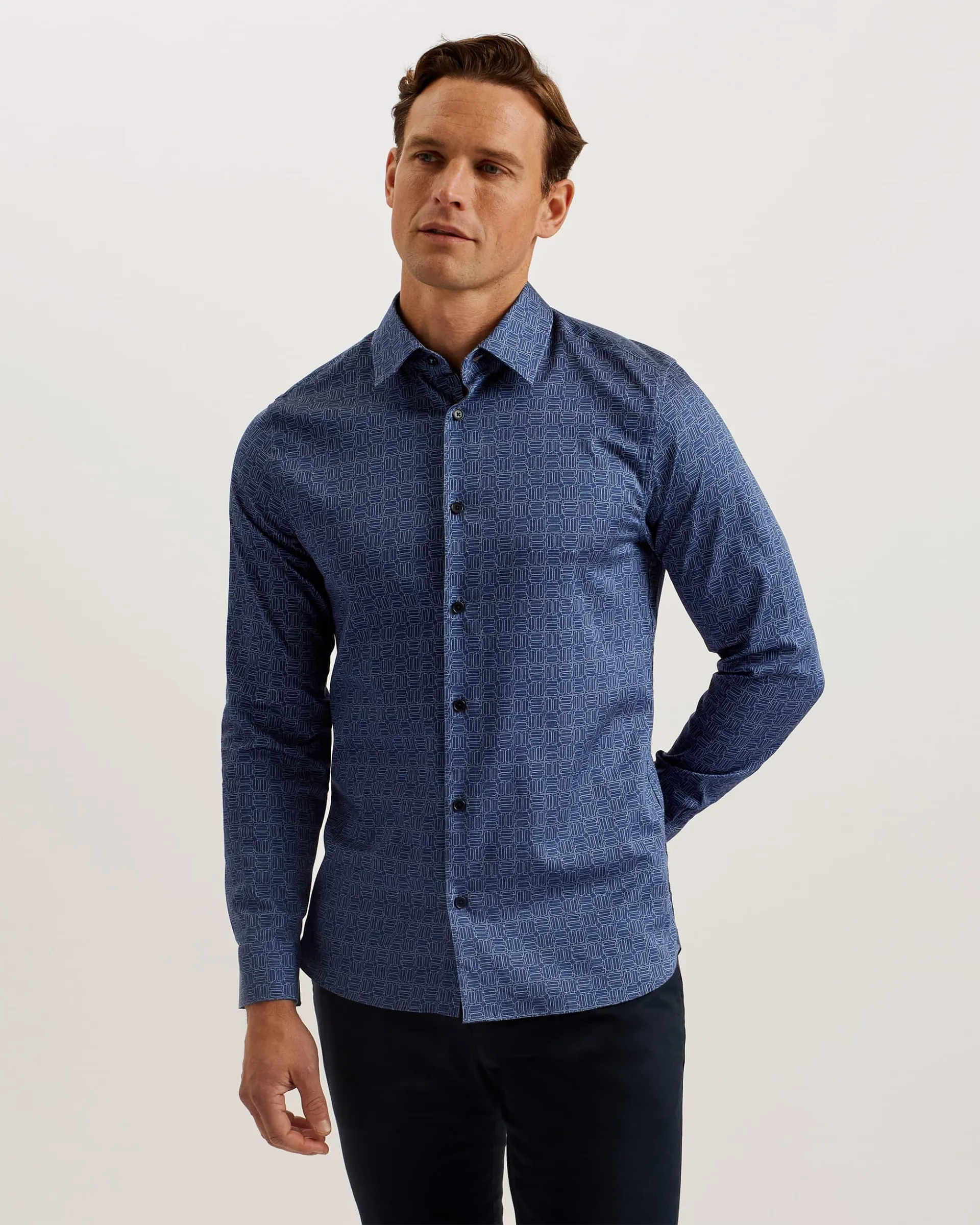 Endover Slim Fit Geometric Print Shirt Navy