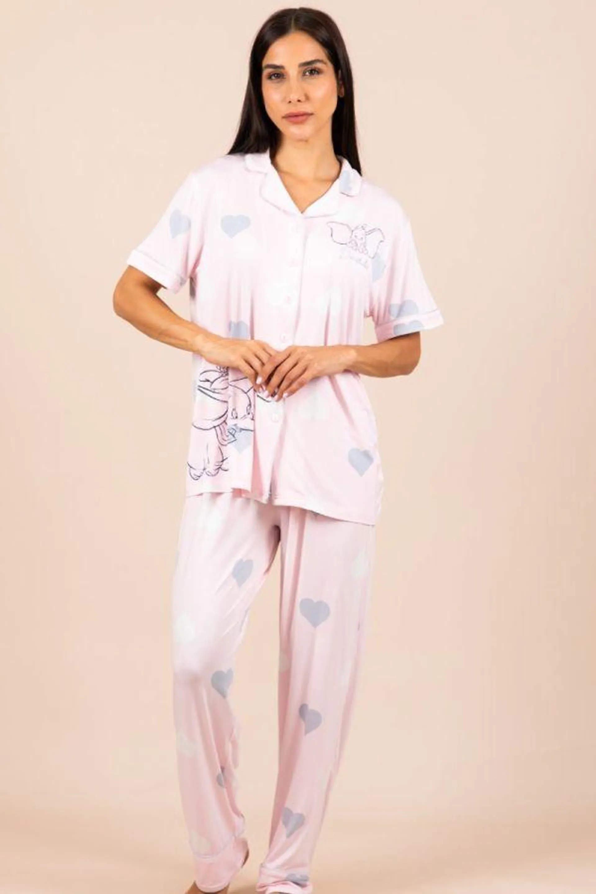 Ladies Pink Heart Dumbo Button Through PJ