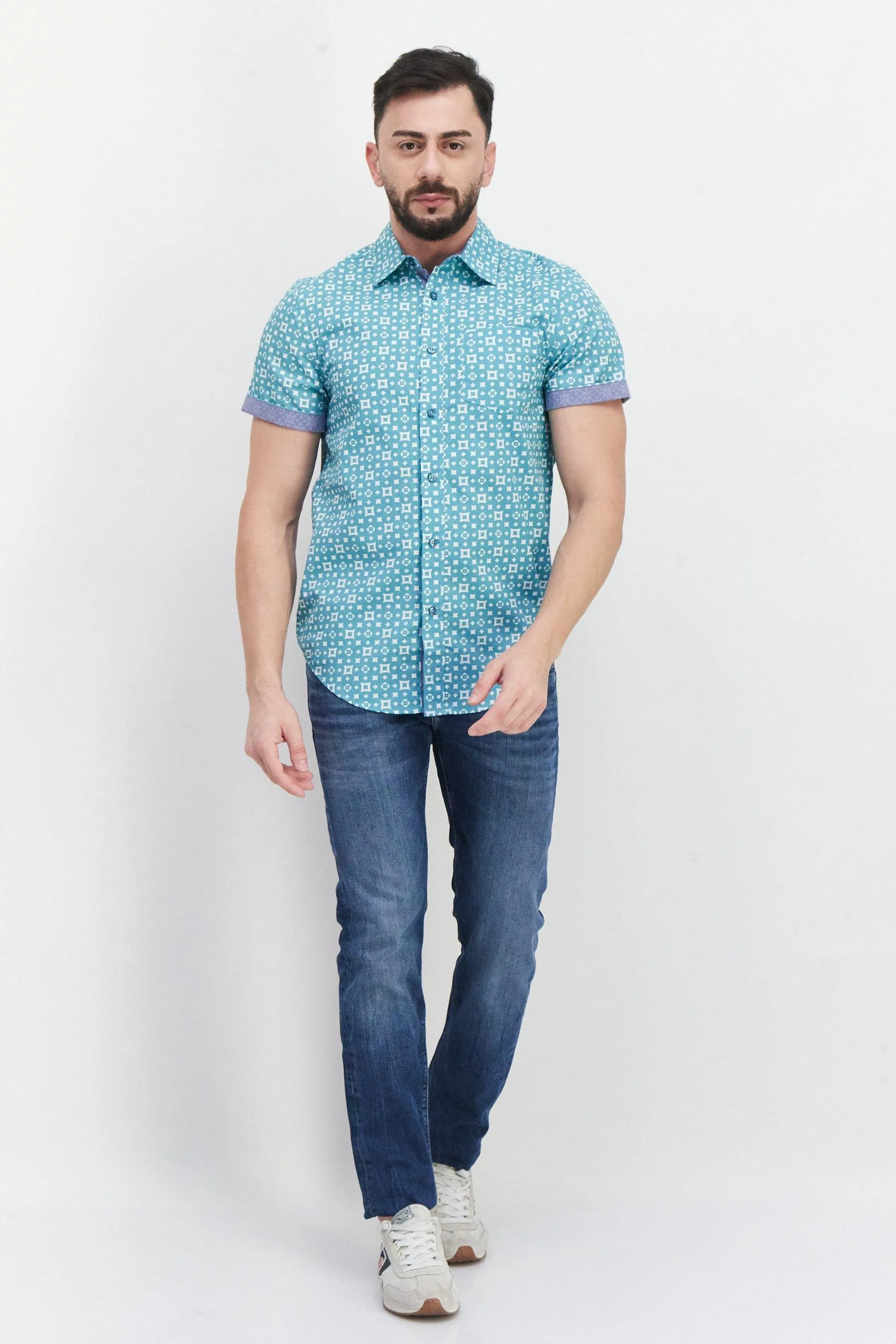 Men Regular Fit Allover Print Short Sleeves Casual Shirt, Turquoise