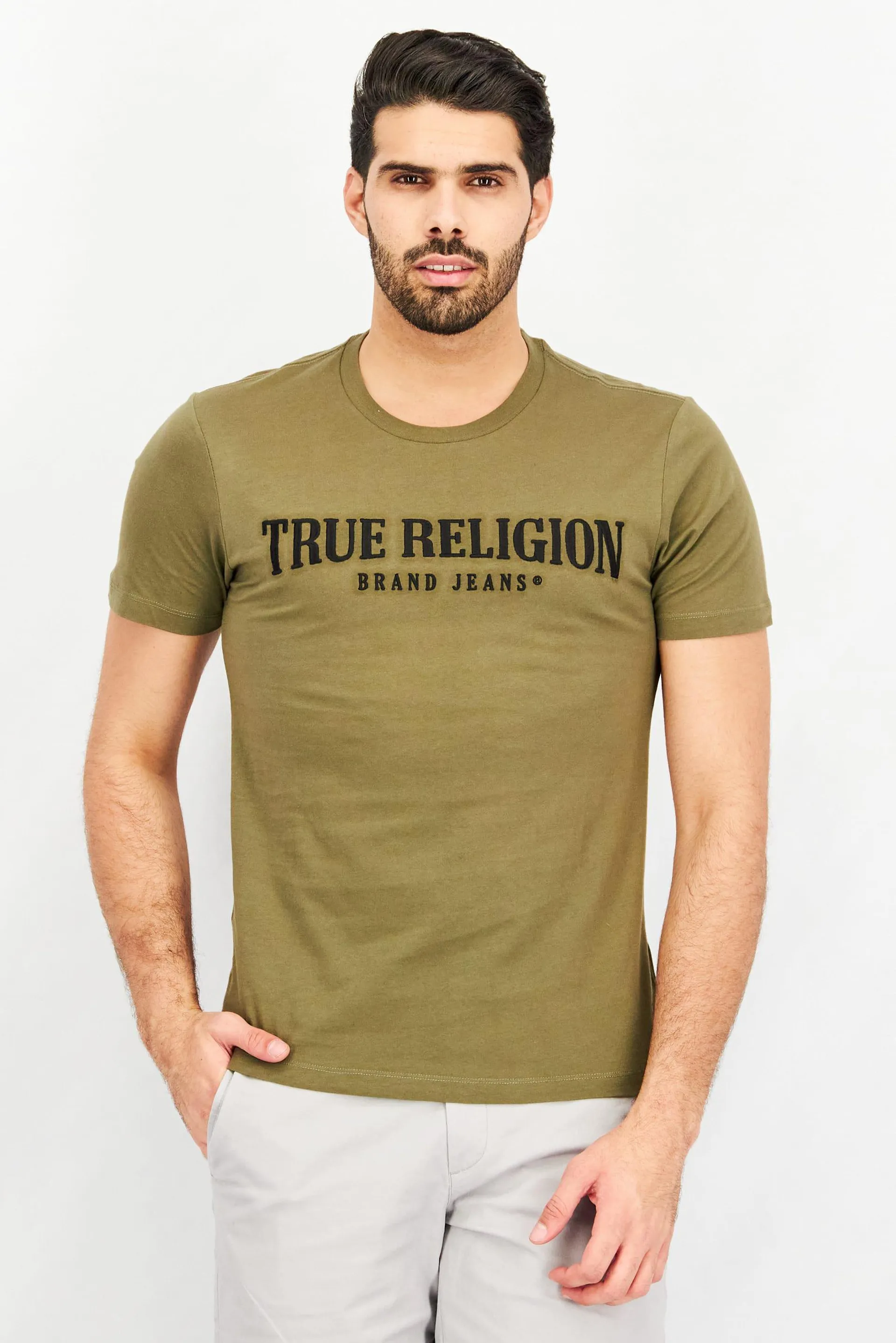 Men Crew Neck Short Sleeves Raised Embroidered Logo T-Shirt, Kalamata