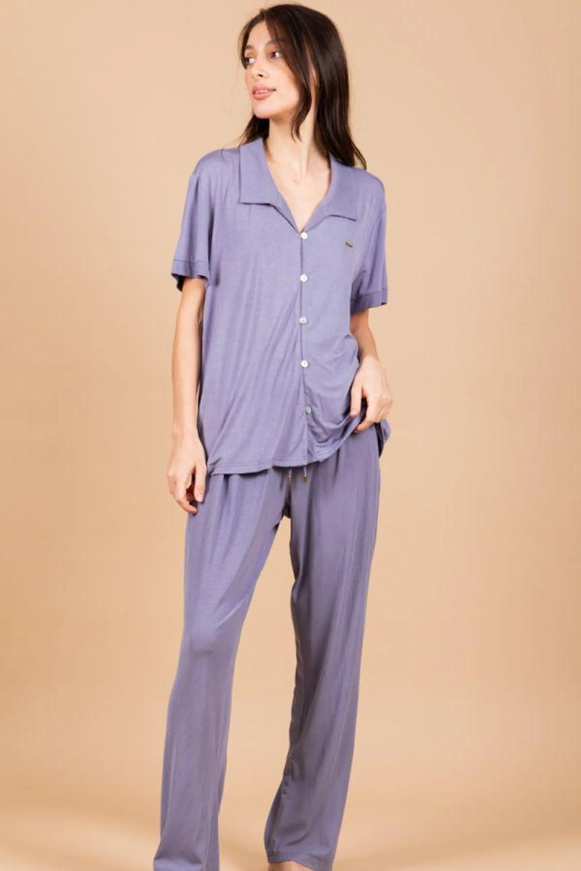 Ladies Dusky Lilac Rib Trim Button Through PJ