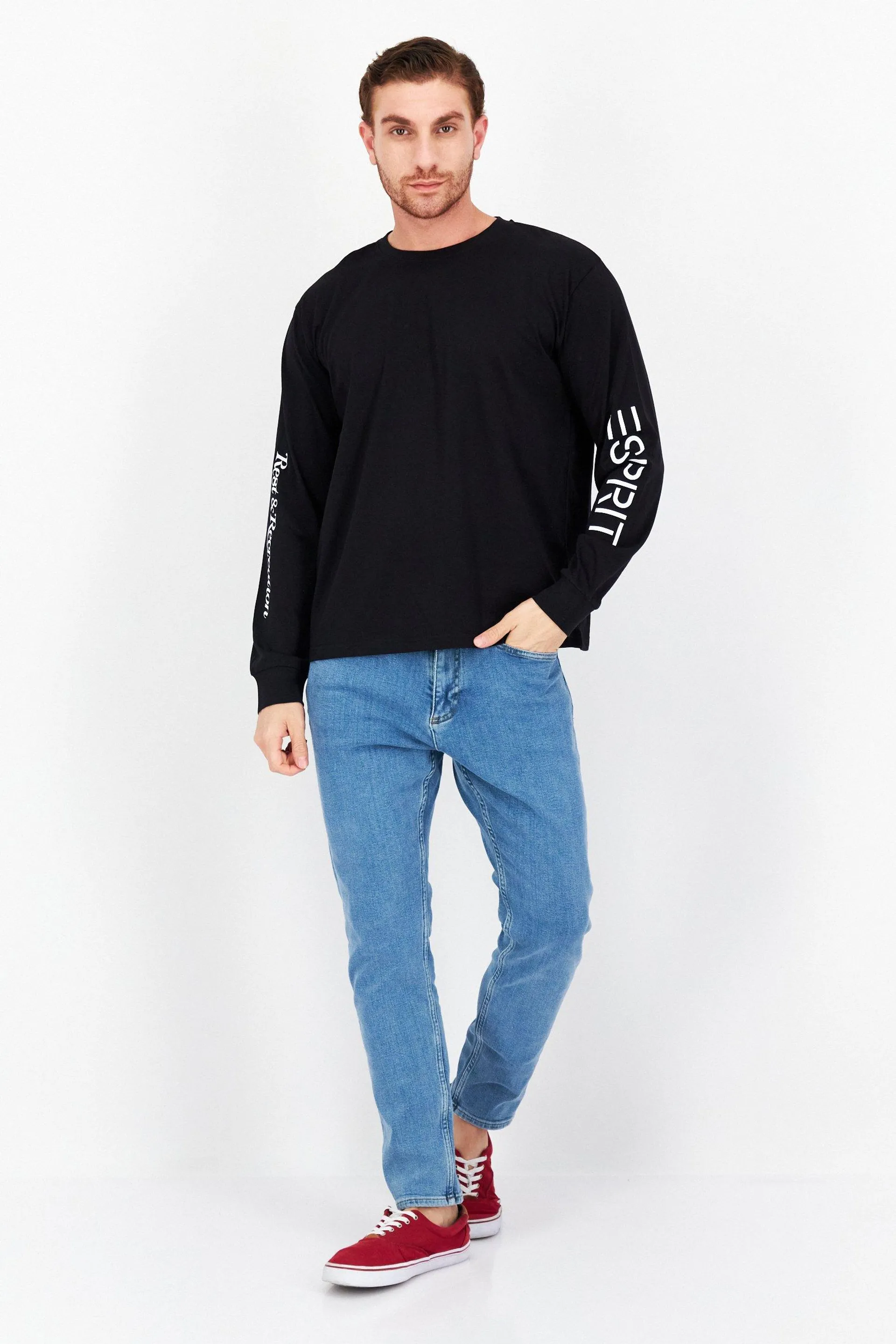 Men Crew Neck Long Sleeve Graphic T-Shirt, Black