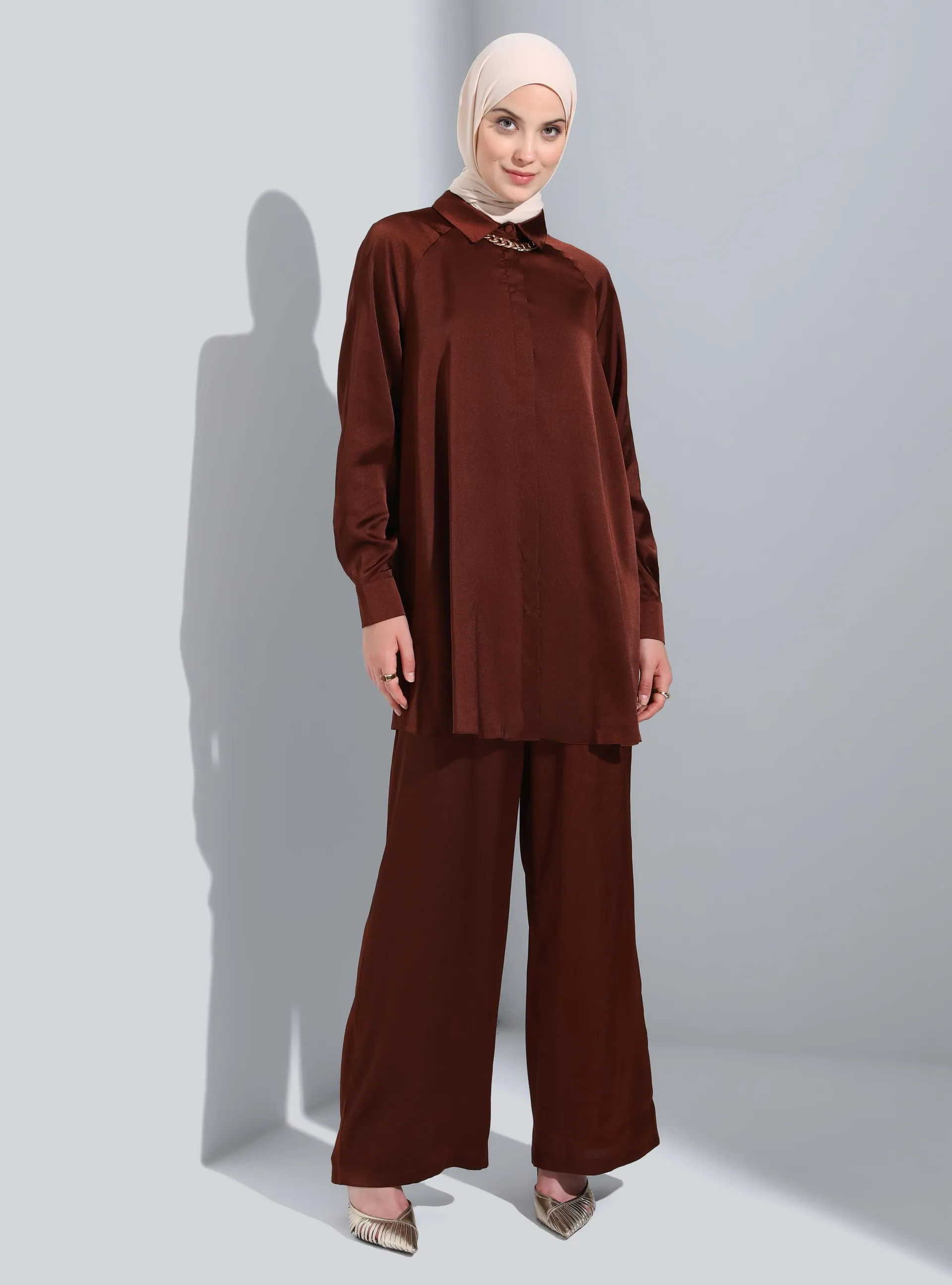 Satin Tunic & Pants Co-Ord Brown