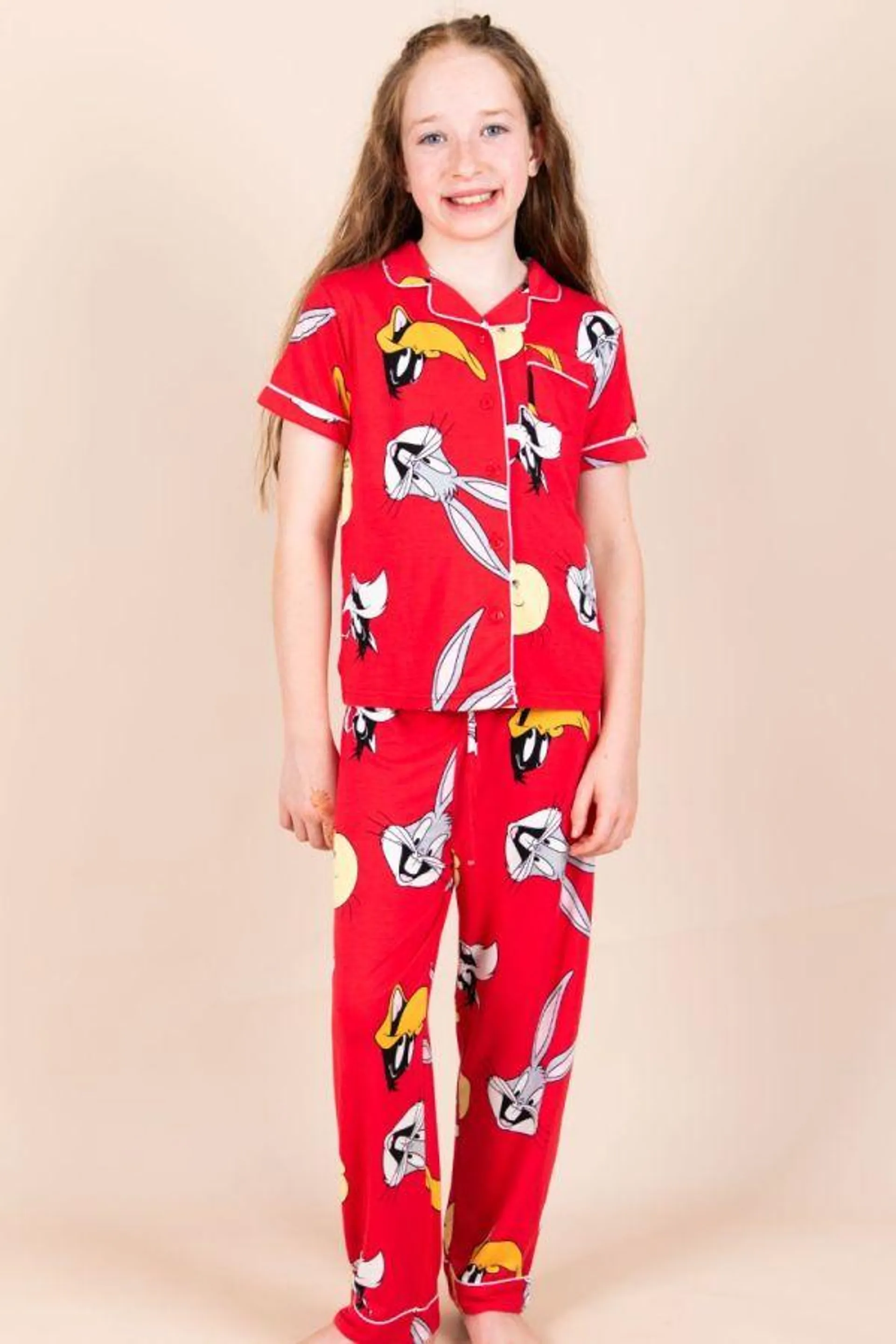 Girls Red Looney Tunes Characters Button Through PJ