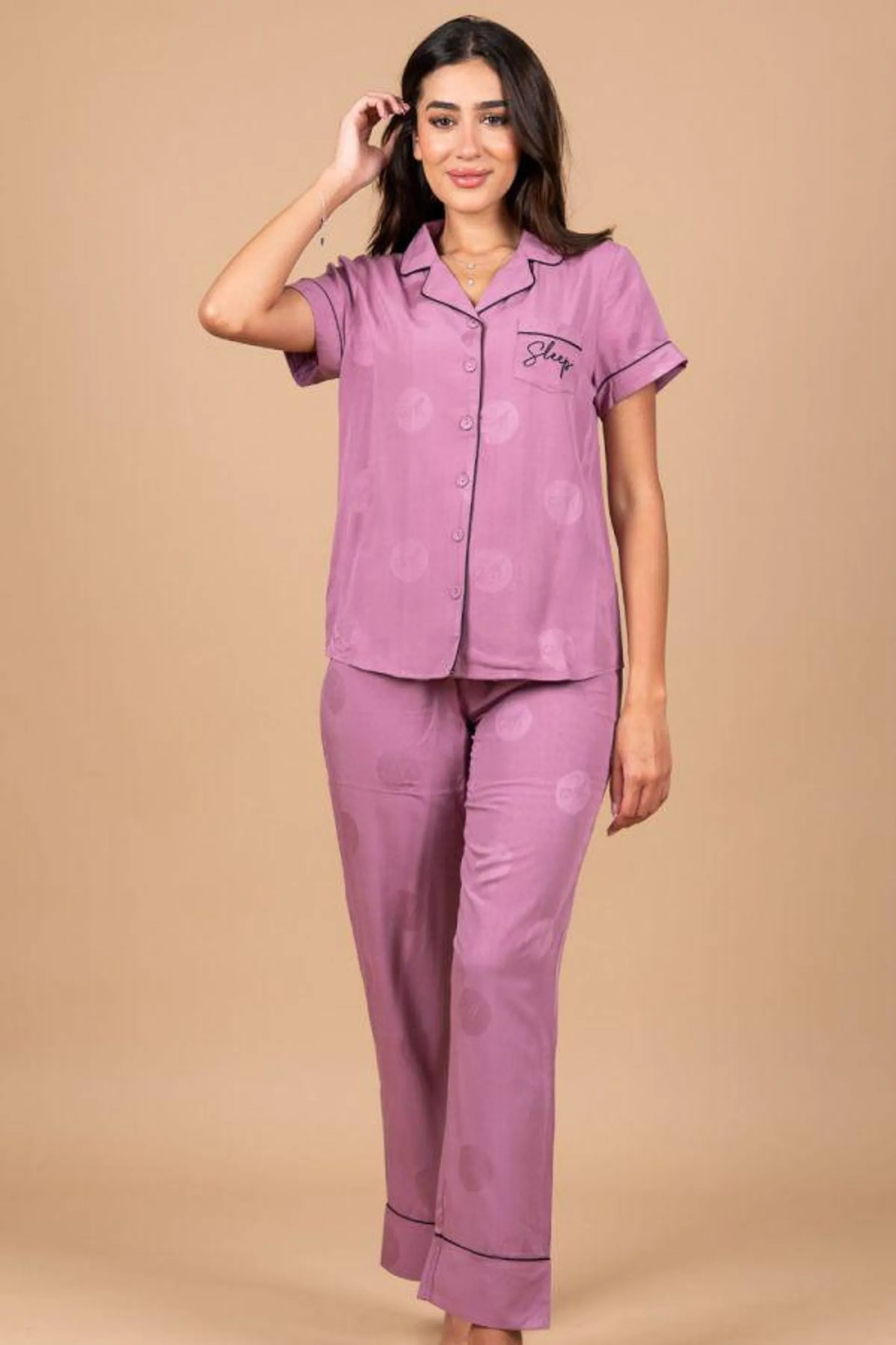 Ladies Mauve Jacquard Polka Button Through PJ