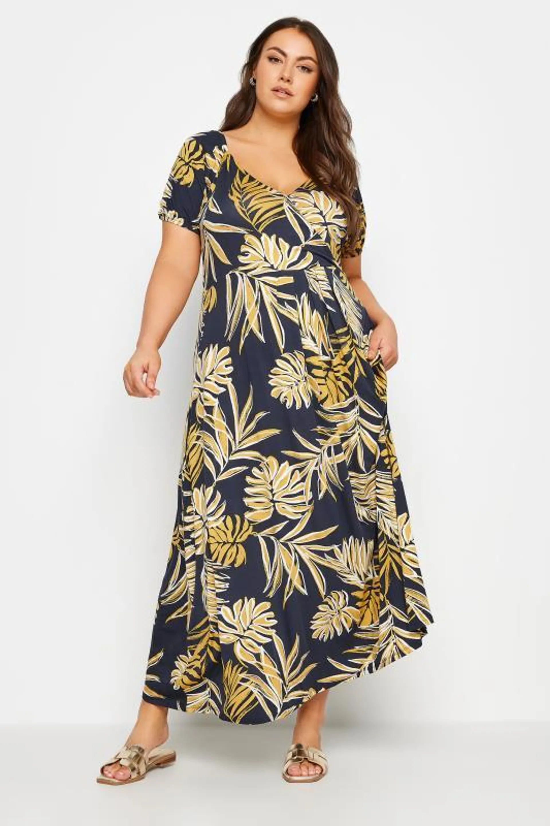 YOURS Curve Blue Leaf Print Tiered Maxi Dress