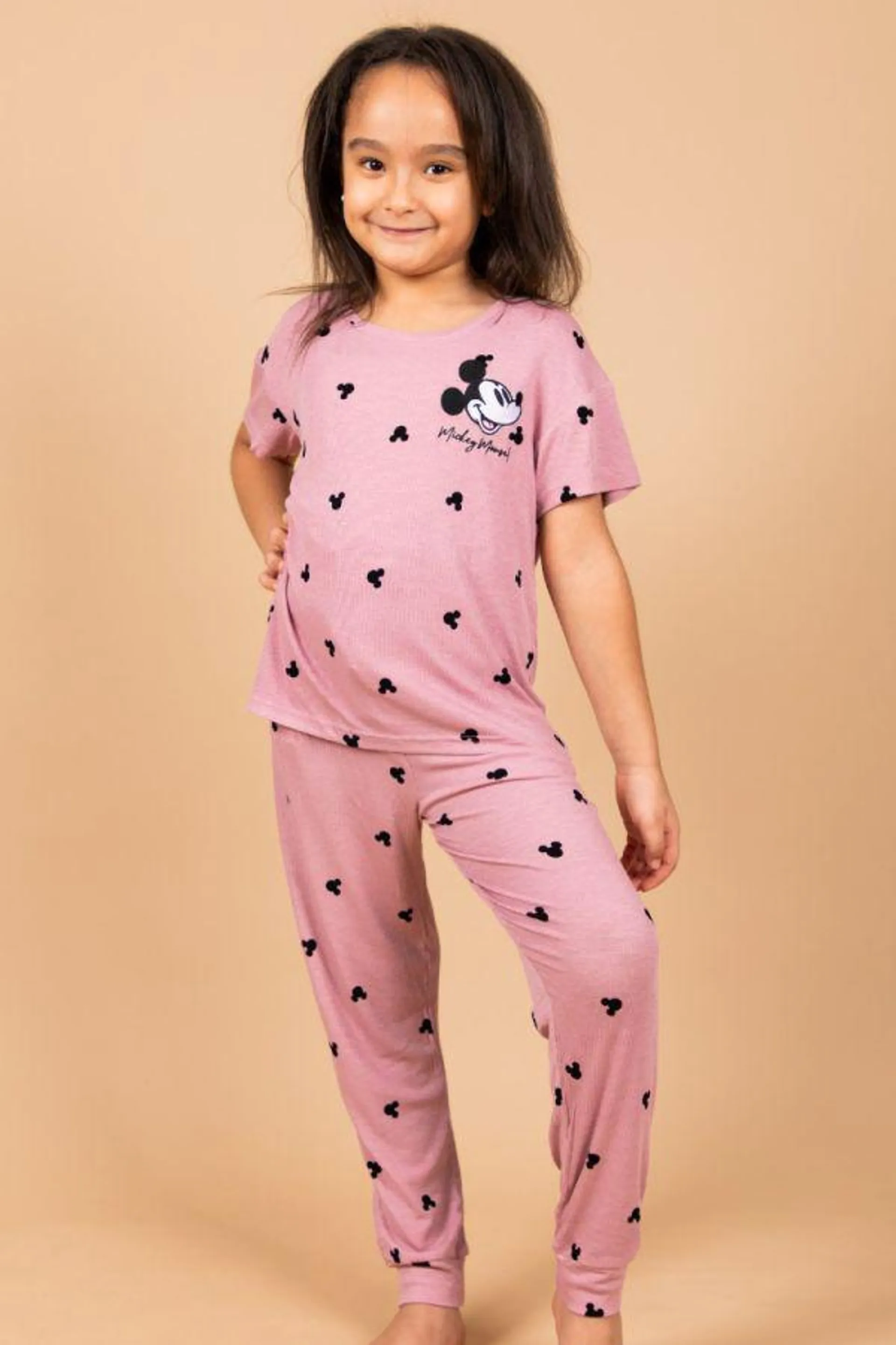 Girls Mauve Mickey Printed Head PJ