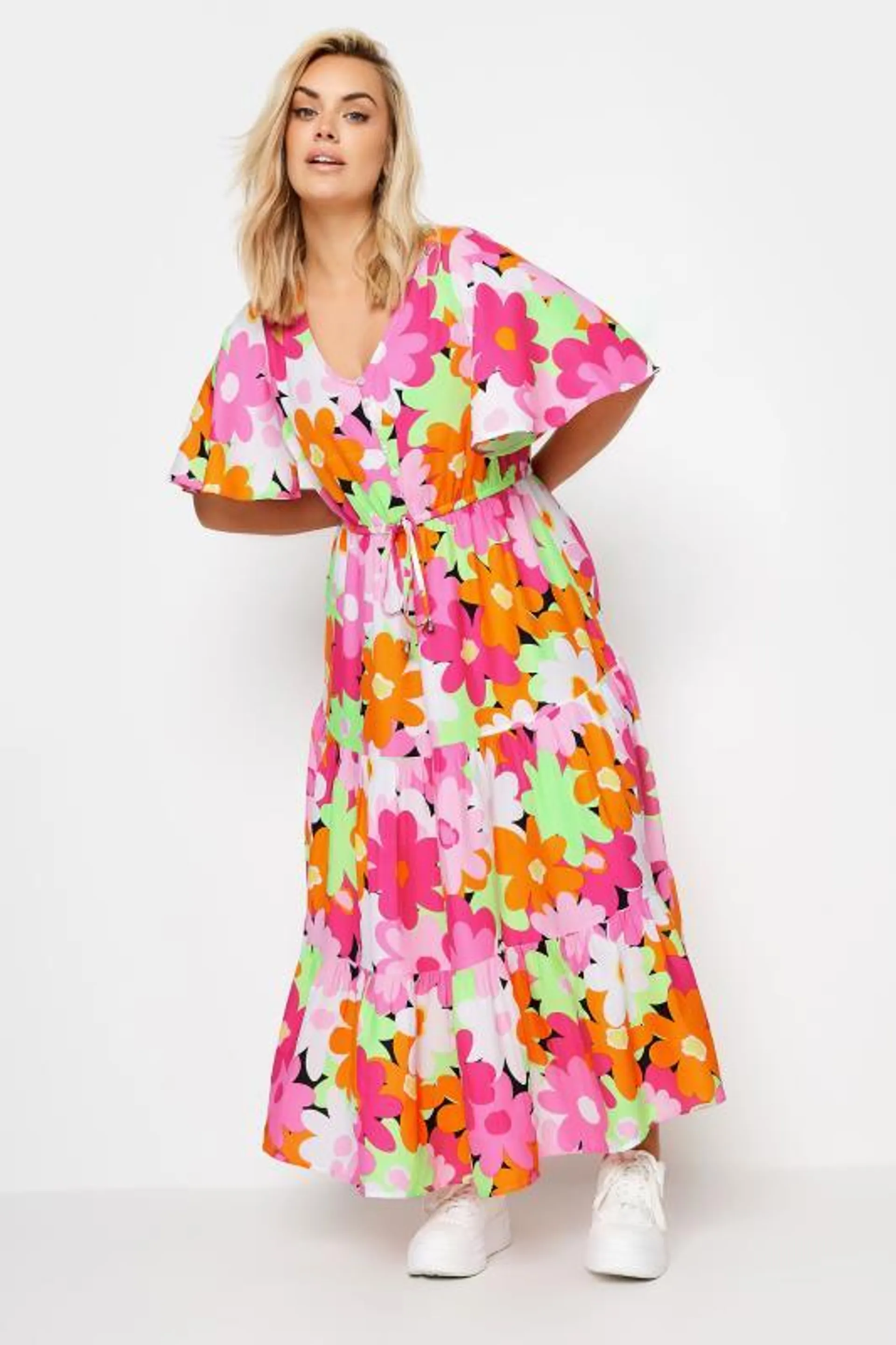 YOURS Curve Pink Floral Angel Sleeve Maxi Dress