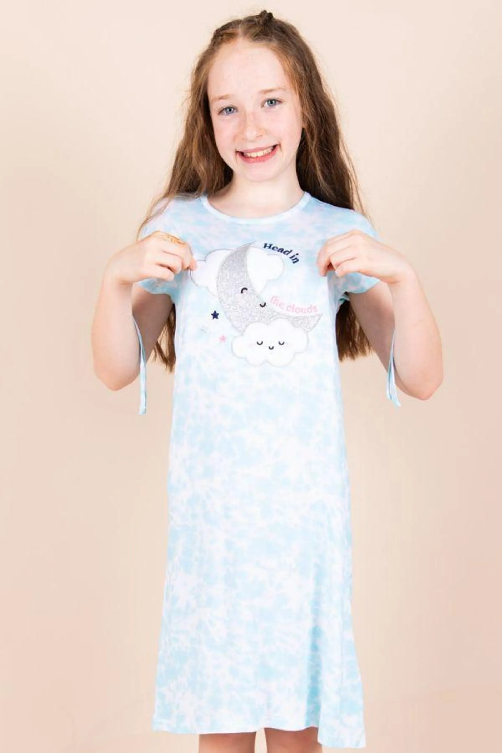 Girls Mint White Tie Dye Moon Cloud Nightdress