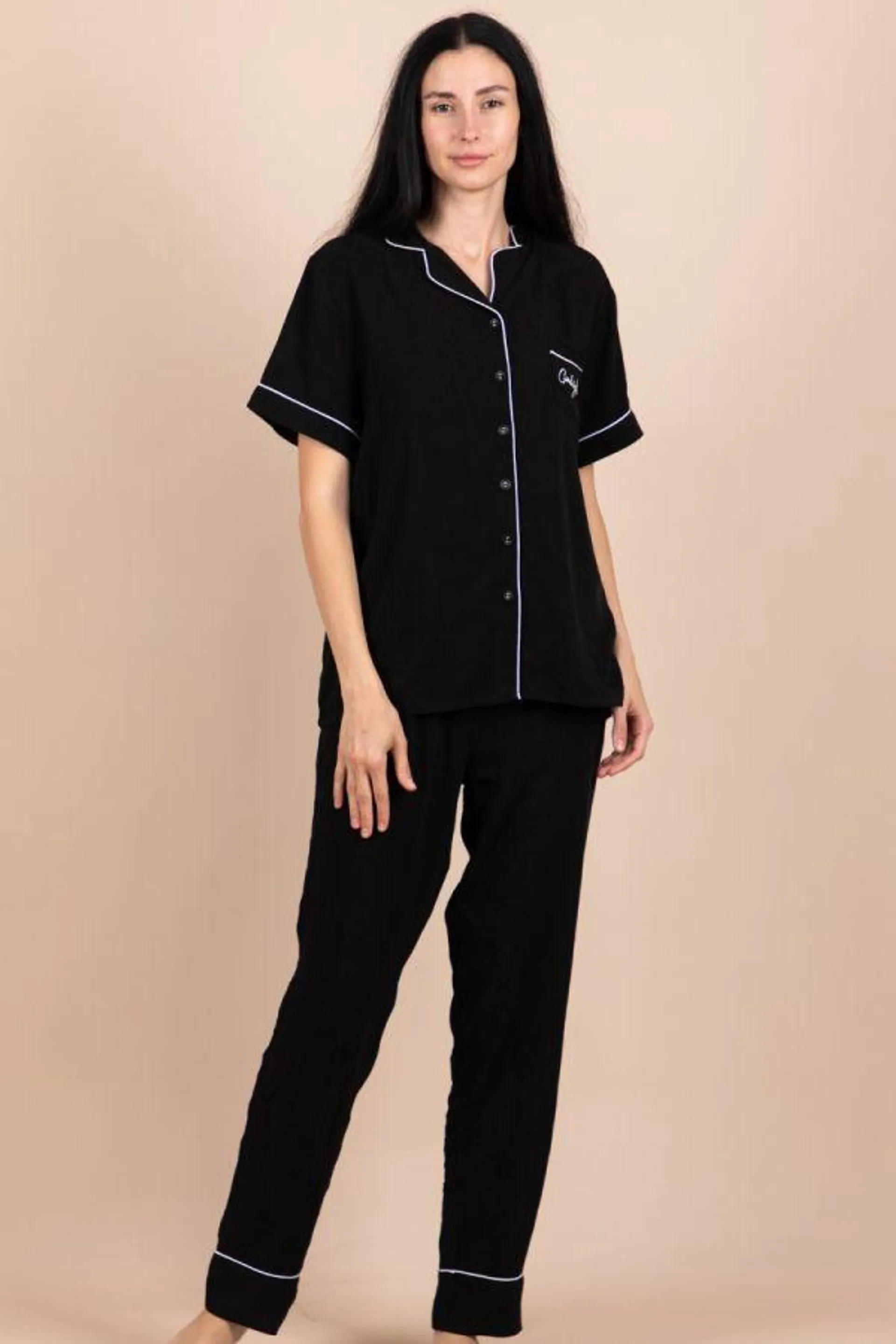 Ladies Black Floral Jacquard Button Through PJ