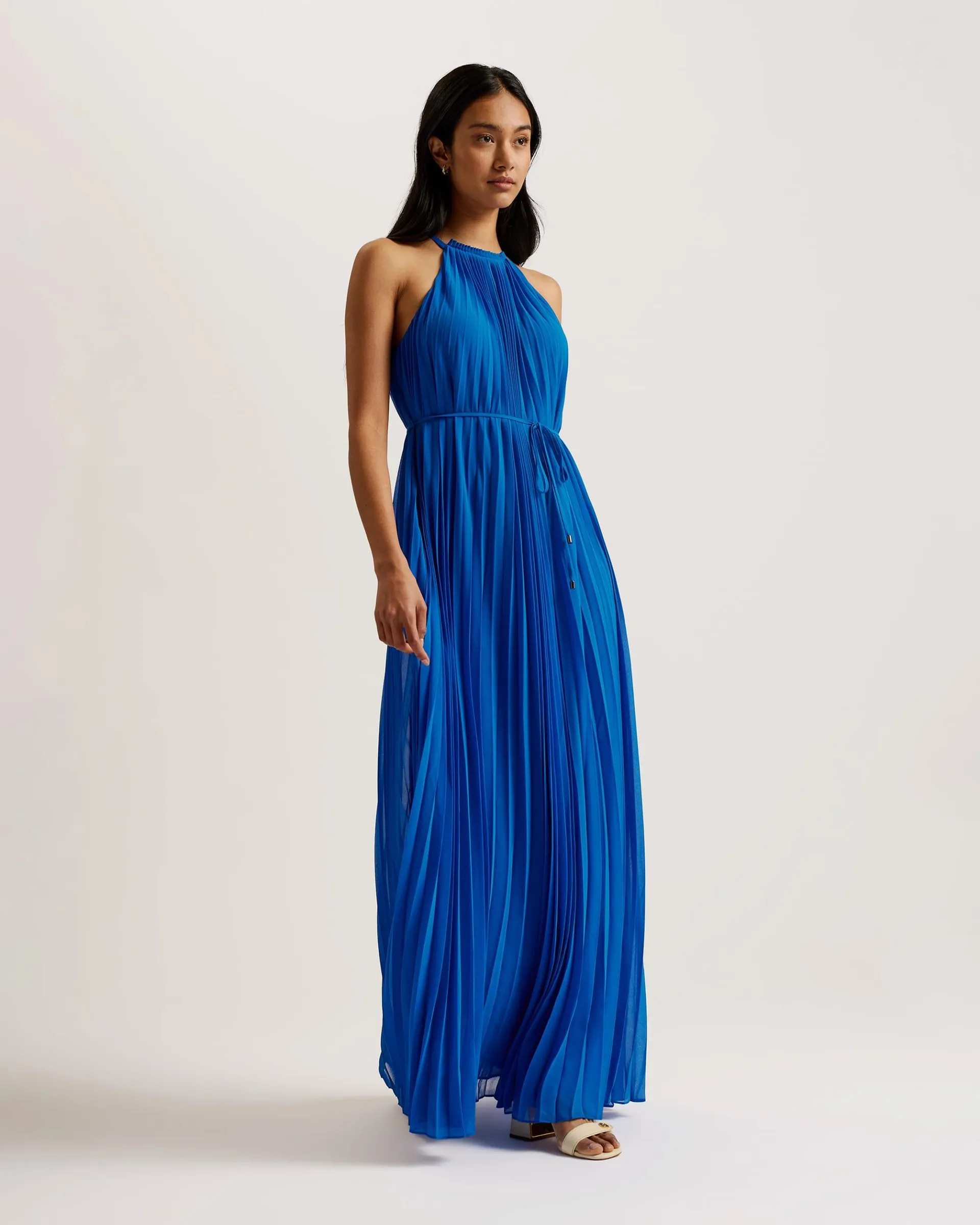 Helyos Pleated Halterneck Maxi Dress Blue