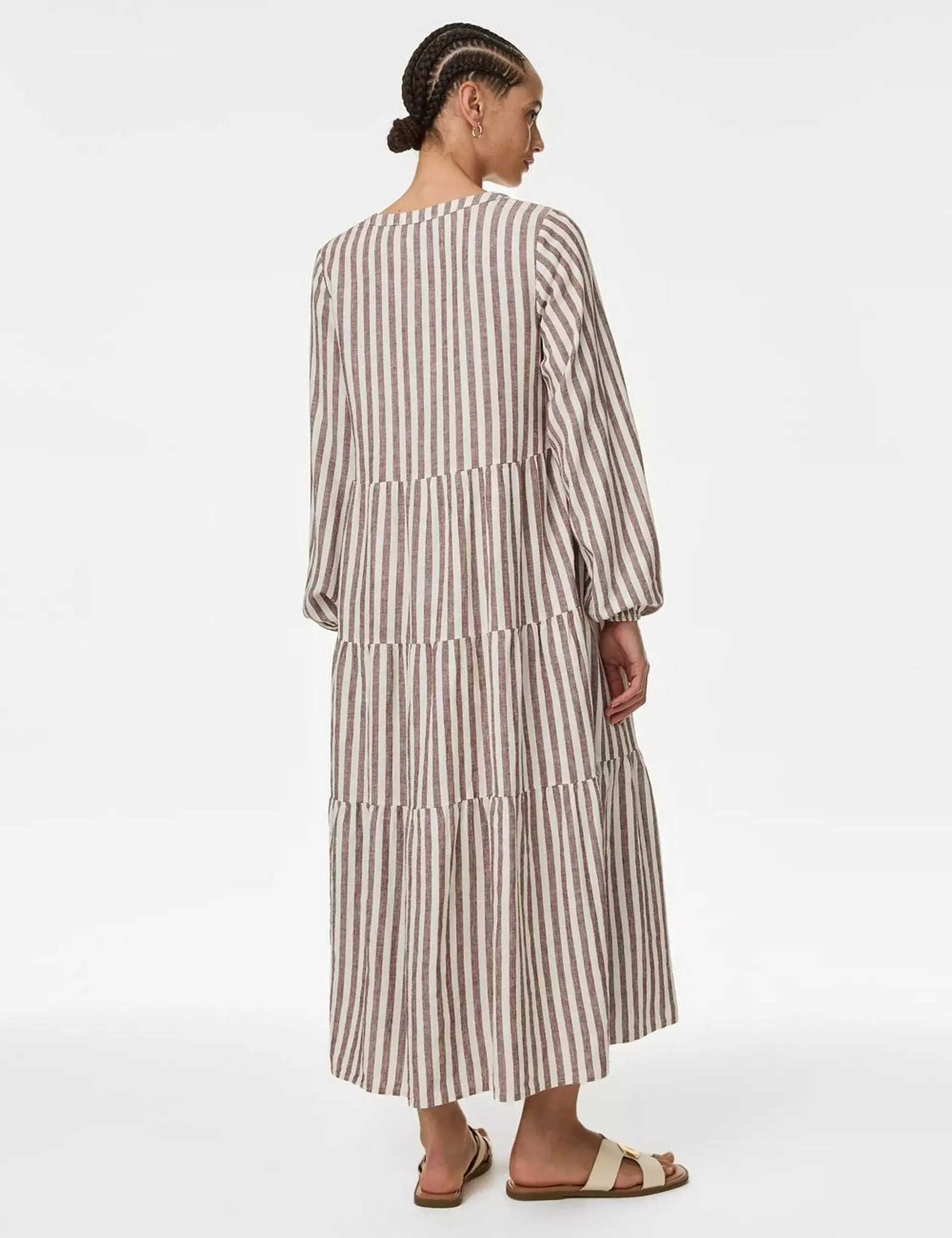 Linen Rich Striped V-Neck Midaxi Tiered Dress