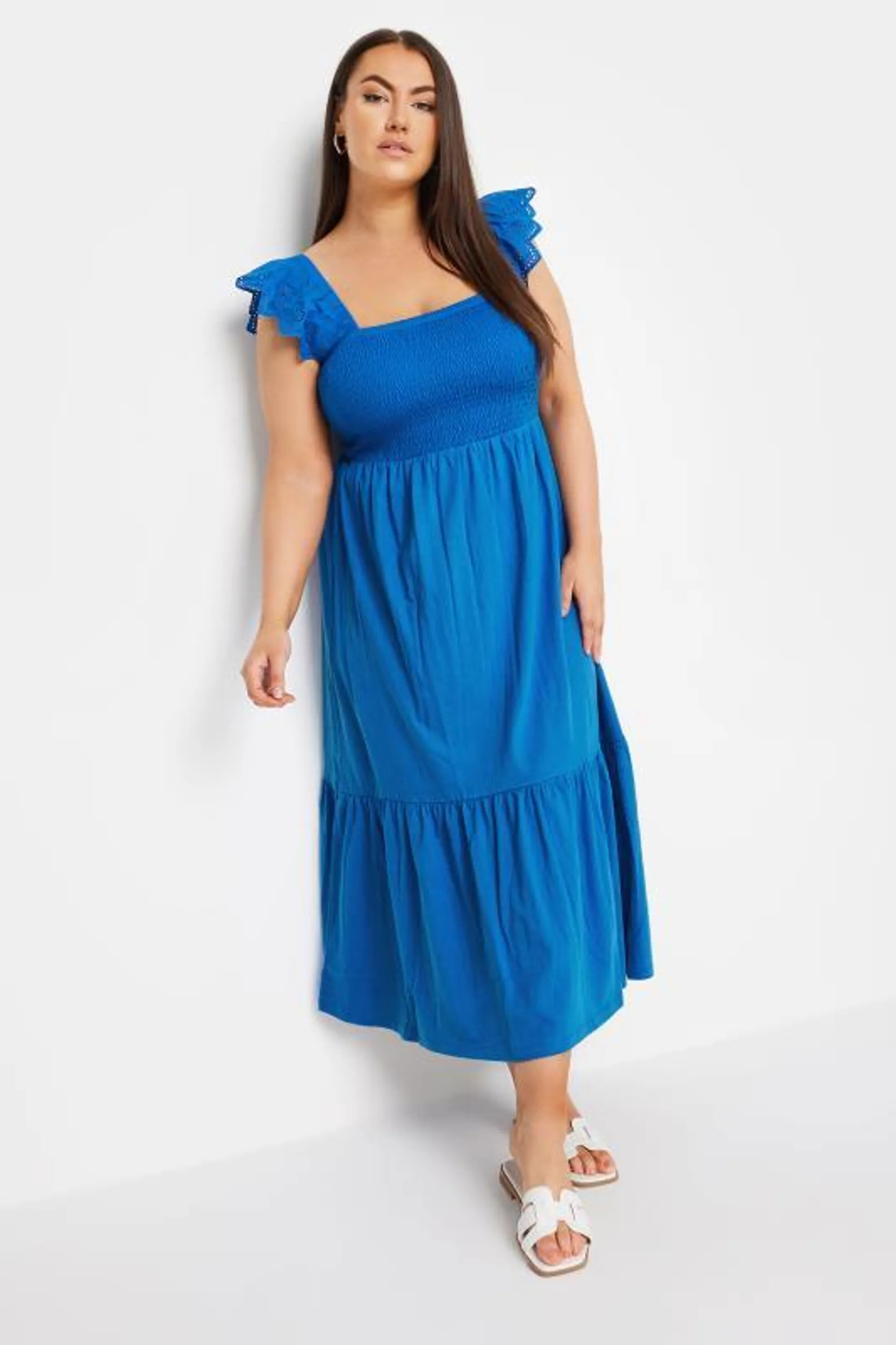 YOURS Curve Blue Frill Sleeve Shirred Midaxi Dress