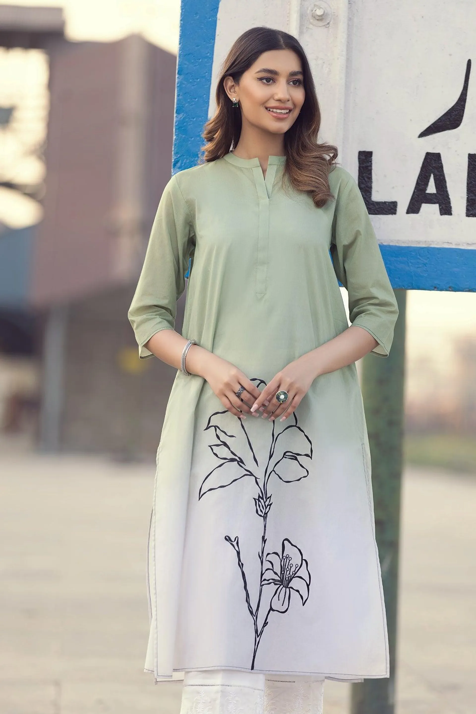 PE22-08-Printed Embroidered Long Shirt 1PC