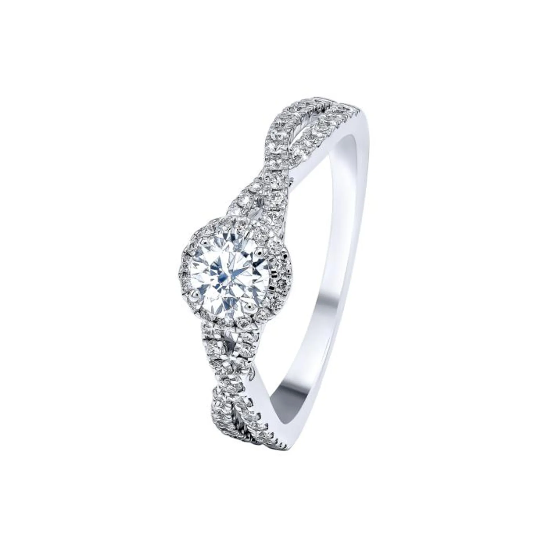 Damas Engagement 0.5 Carat Round Brilliant Diamond Engagement Ring With Double Overlapping Diamond Studded Band