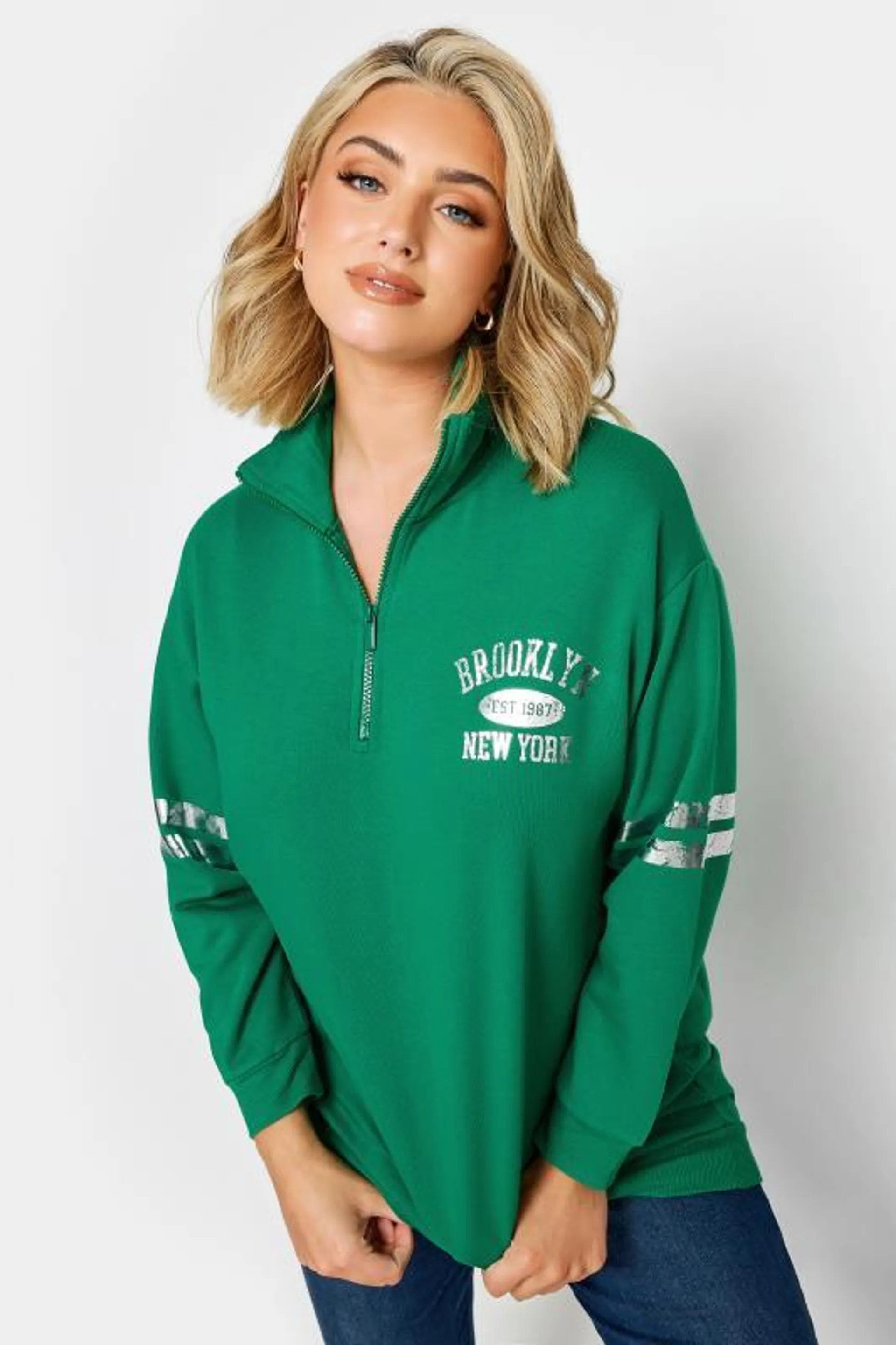 YOURS Curve Green 'Brooklyn' Varsity Half Zip Sweatshirt