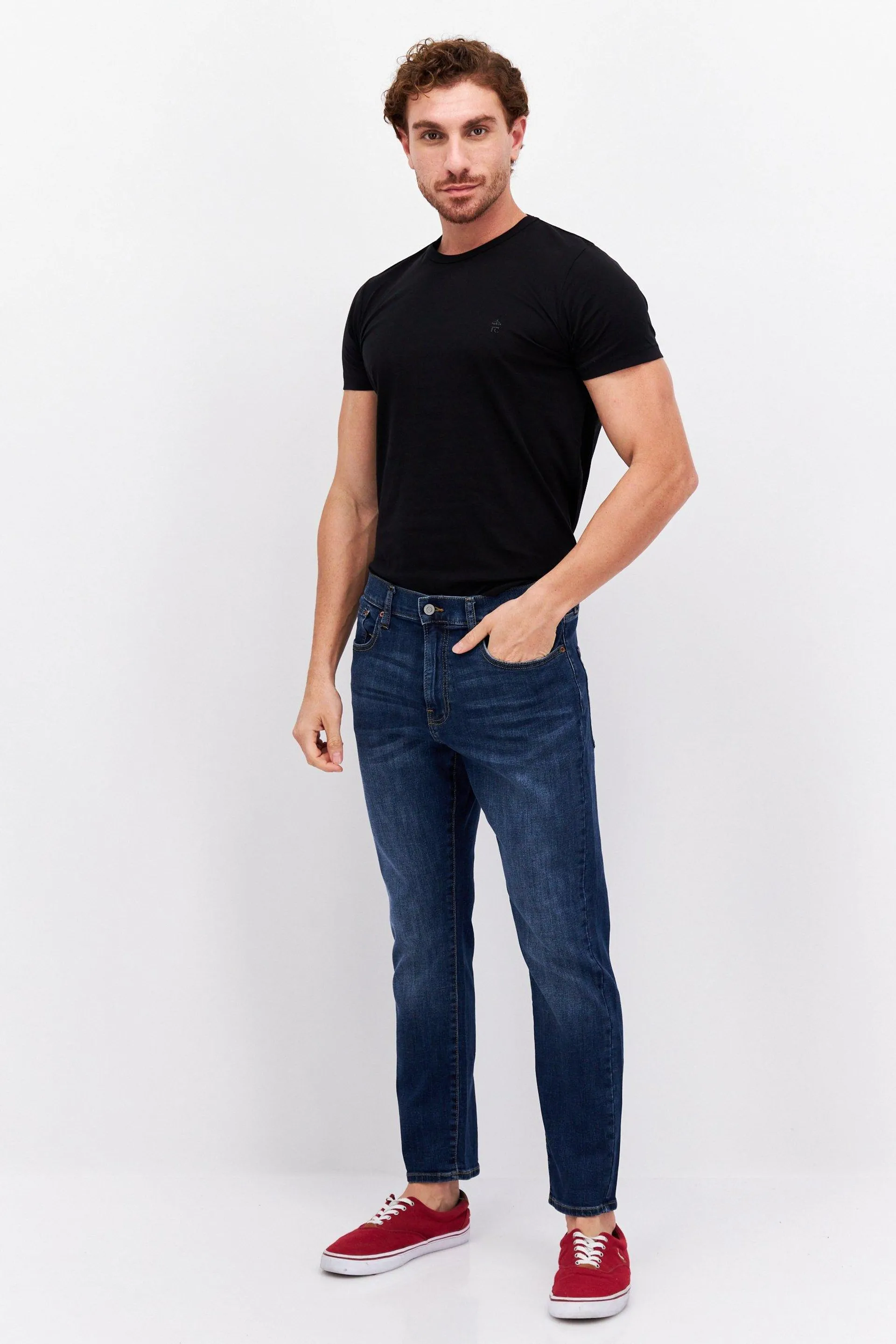 Men Straight Washed Stretchable Jeans, Navy Blue