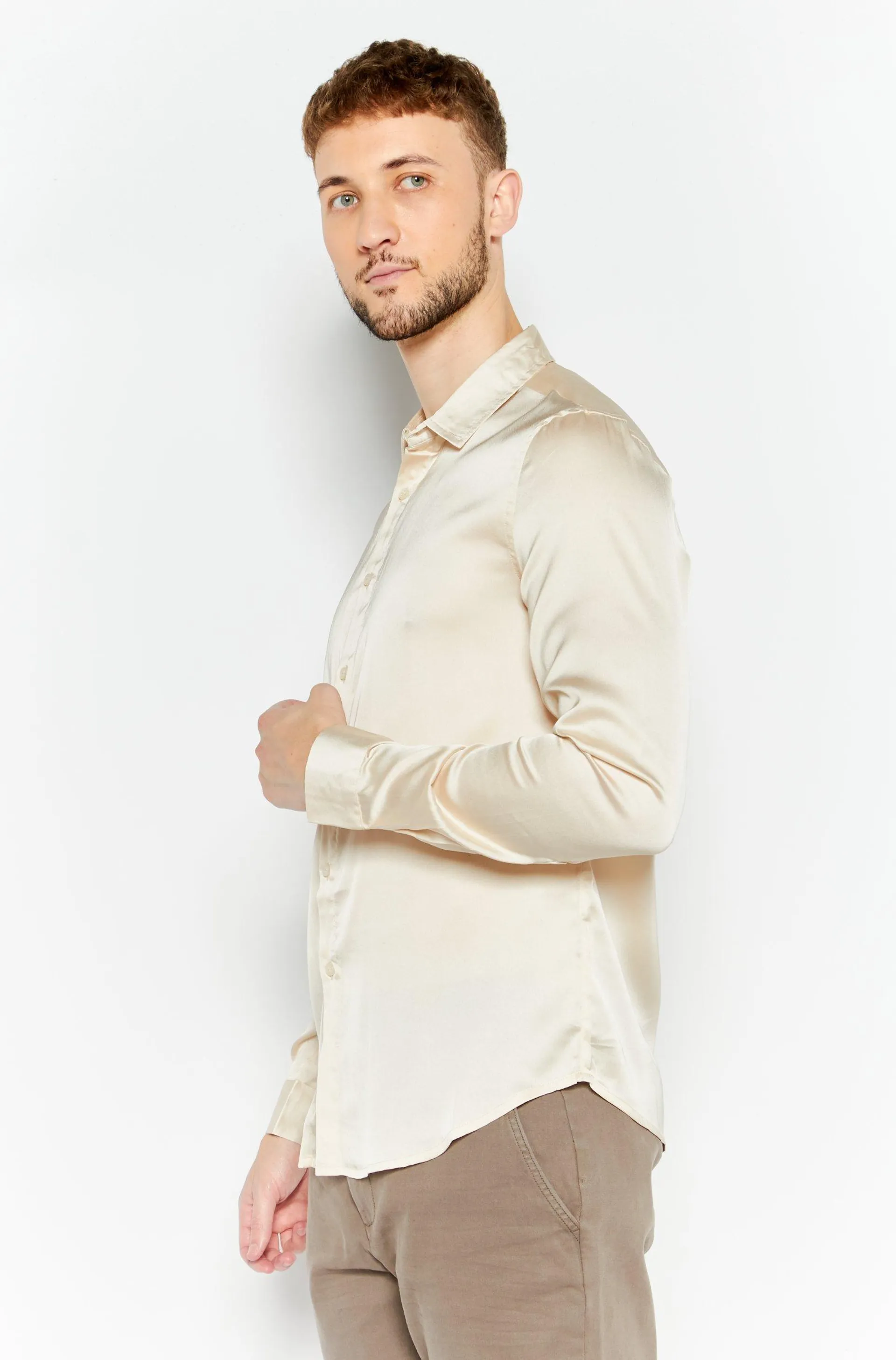 Men Regular Fit Long Sleeve Plain Casual Shirt, Beige