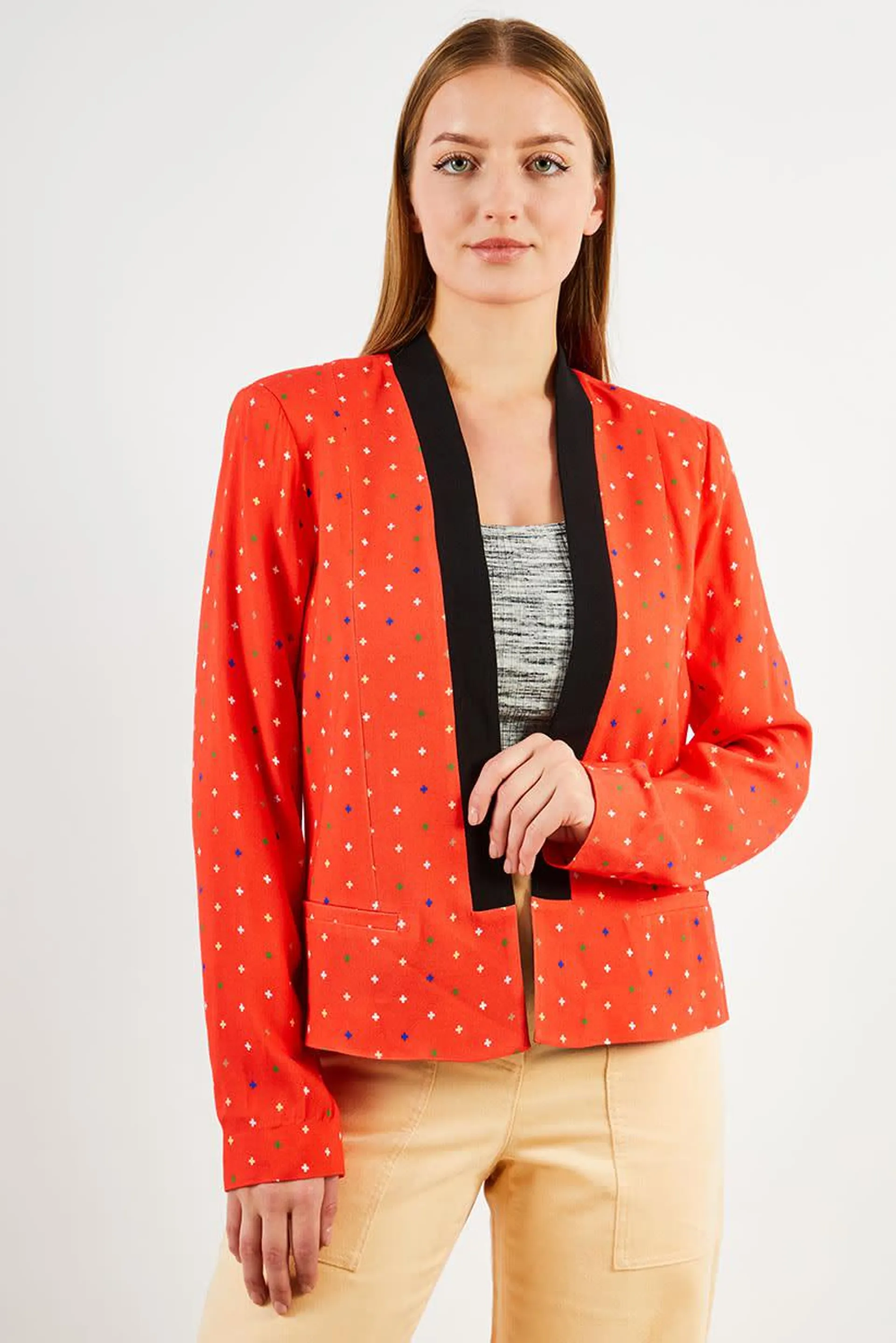 Women Regular Fit Allover Print Casual Blazer, Coral
