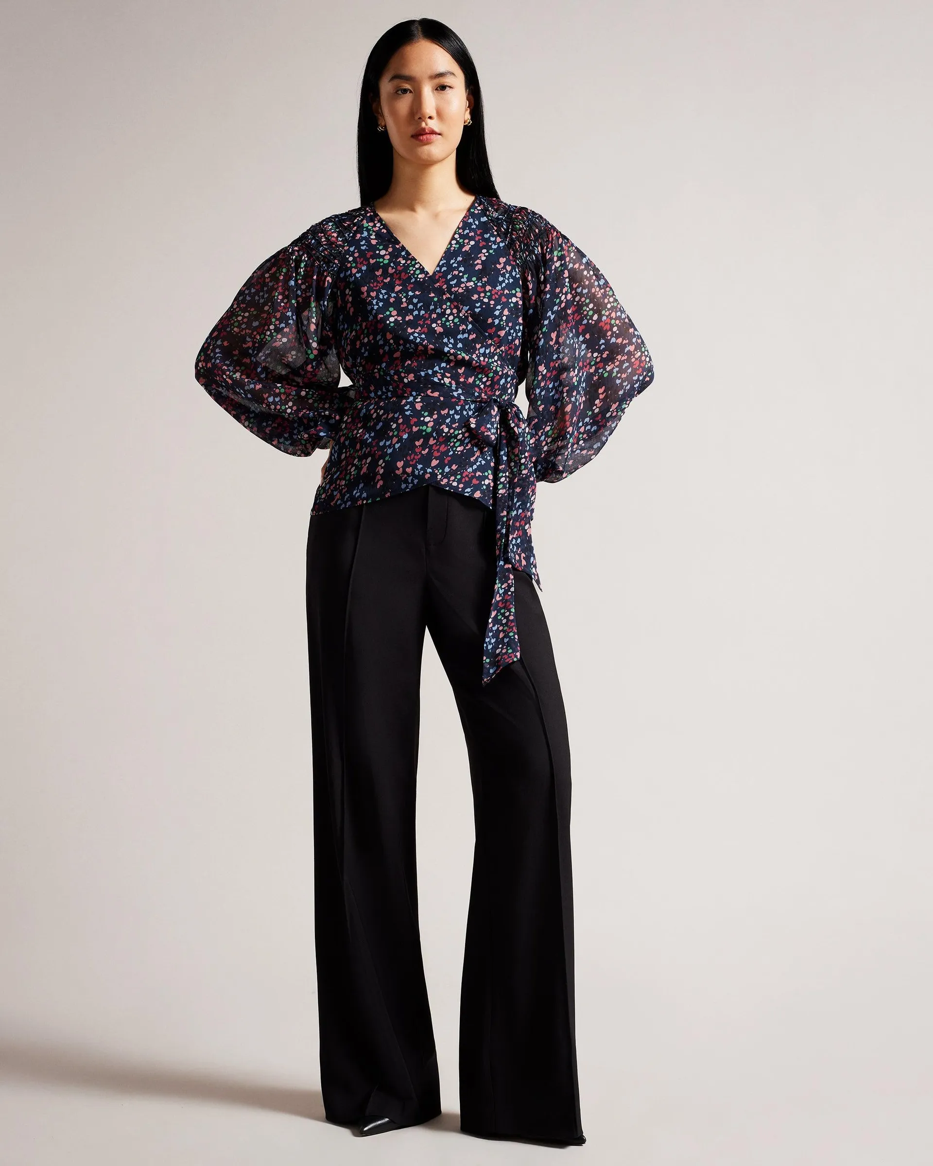 Smocked Wrap Top With Blouson Sleeves