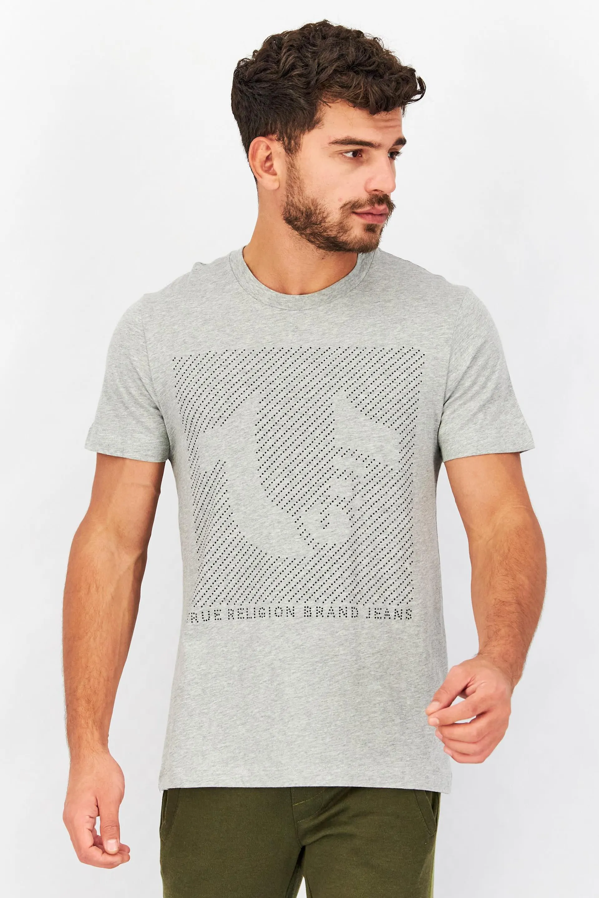 Men Crew Neck Short Sleeves Crystal Trademark Logo T-Shirt, Heather Grey