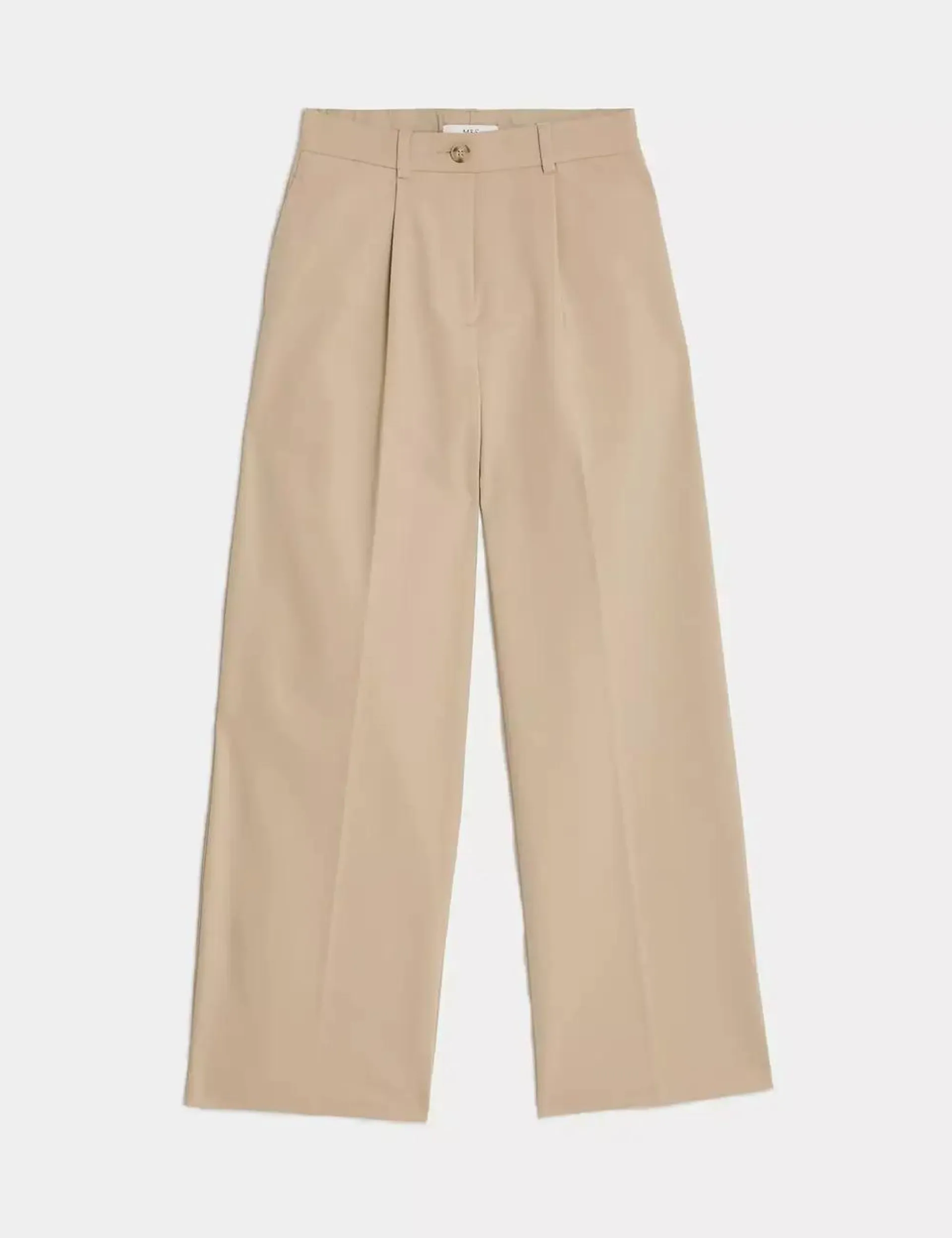 Cotton Blend Pleated Wide Leg Trousers