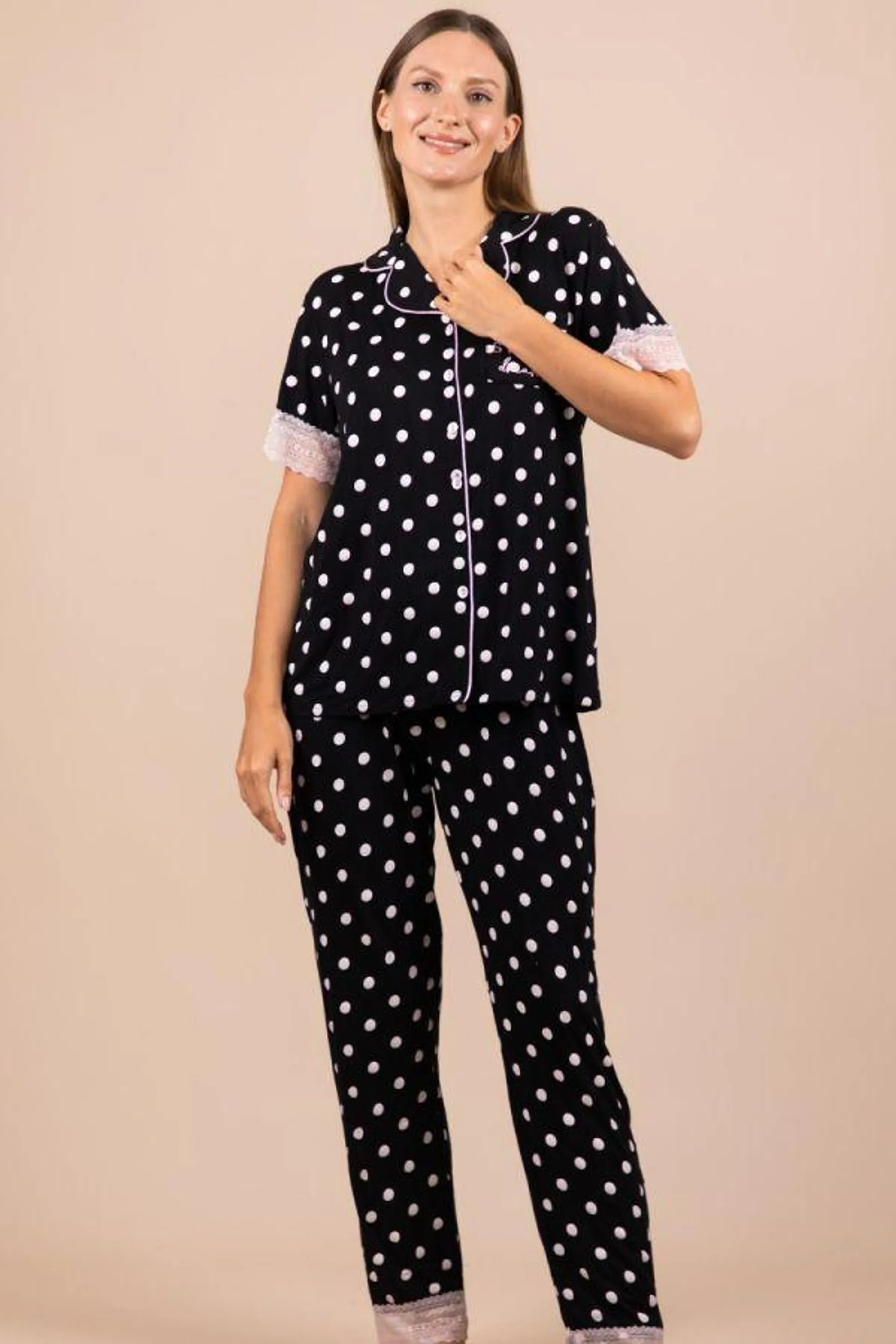 Ladies Black Polka Button Through PJ