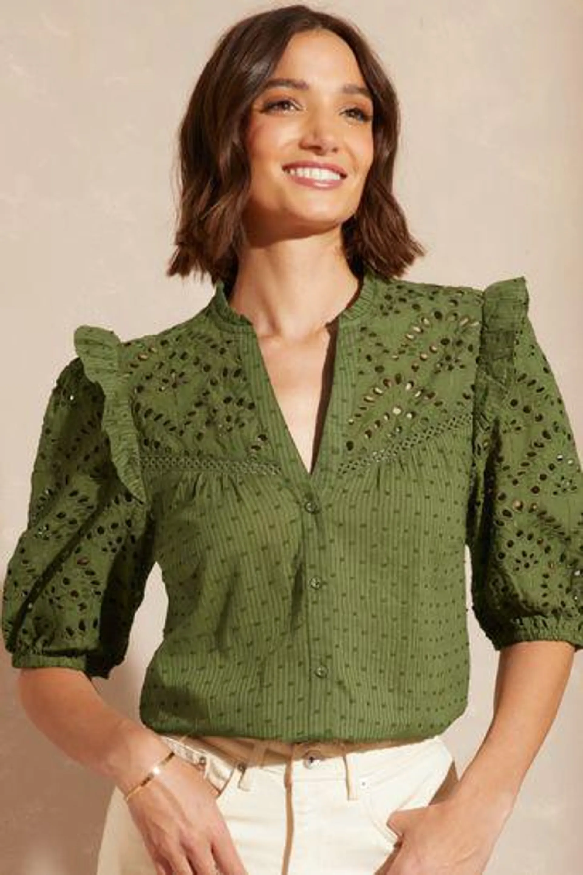 Love & Roses Broderie V Neck Ruffle Yoke Puff Sleeve Blouse