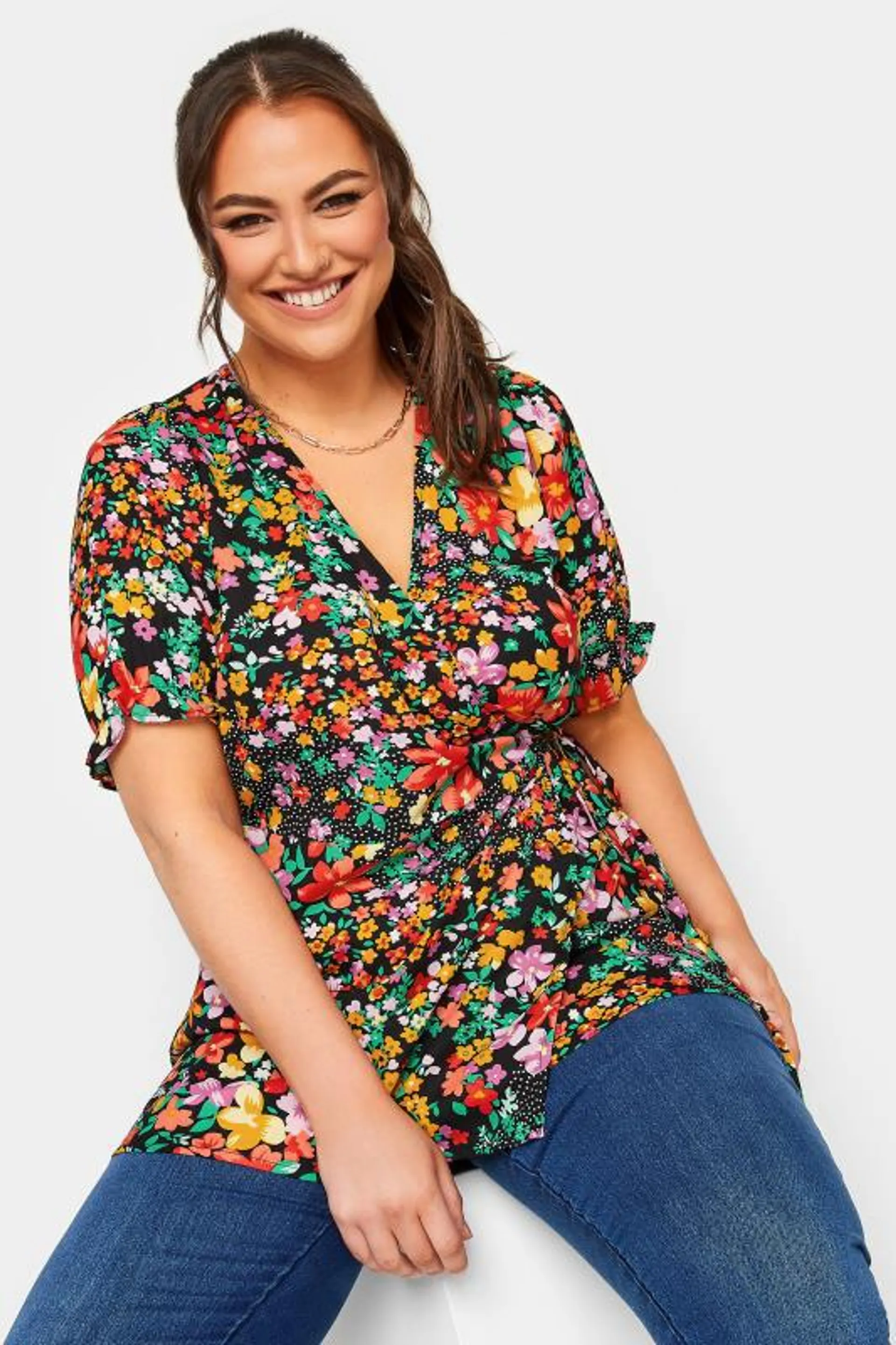 YOURS Curve Black Floral Patchwork Print Wrap Top