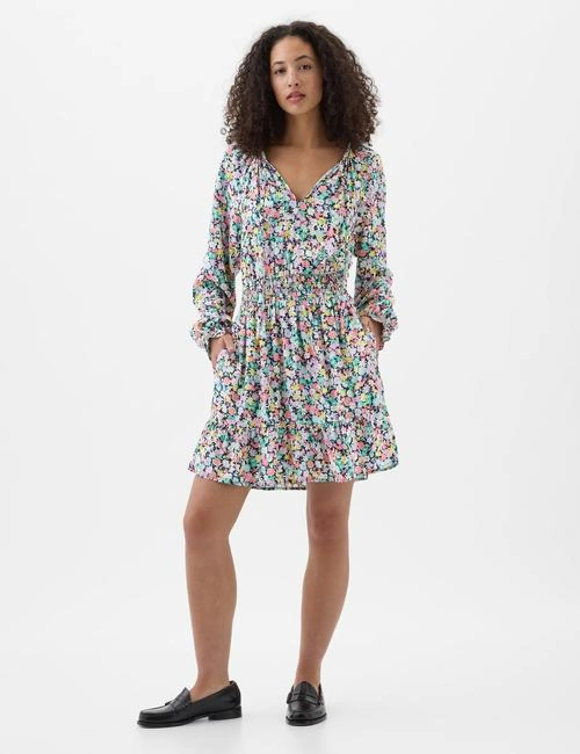 Relaxed Smocked Splitneck Mini Dress