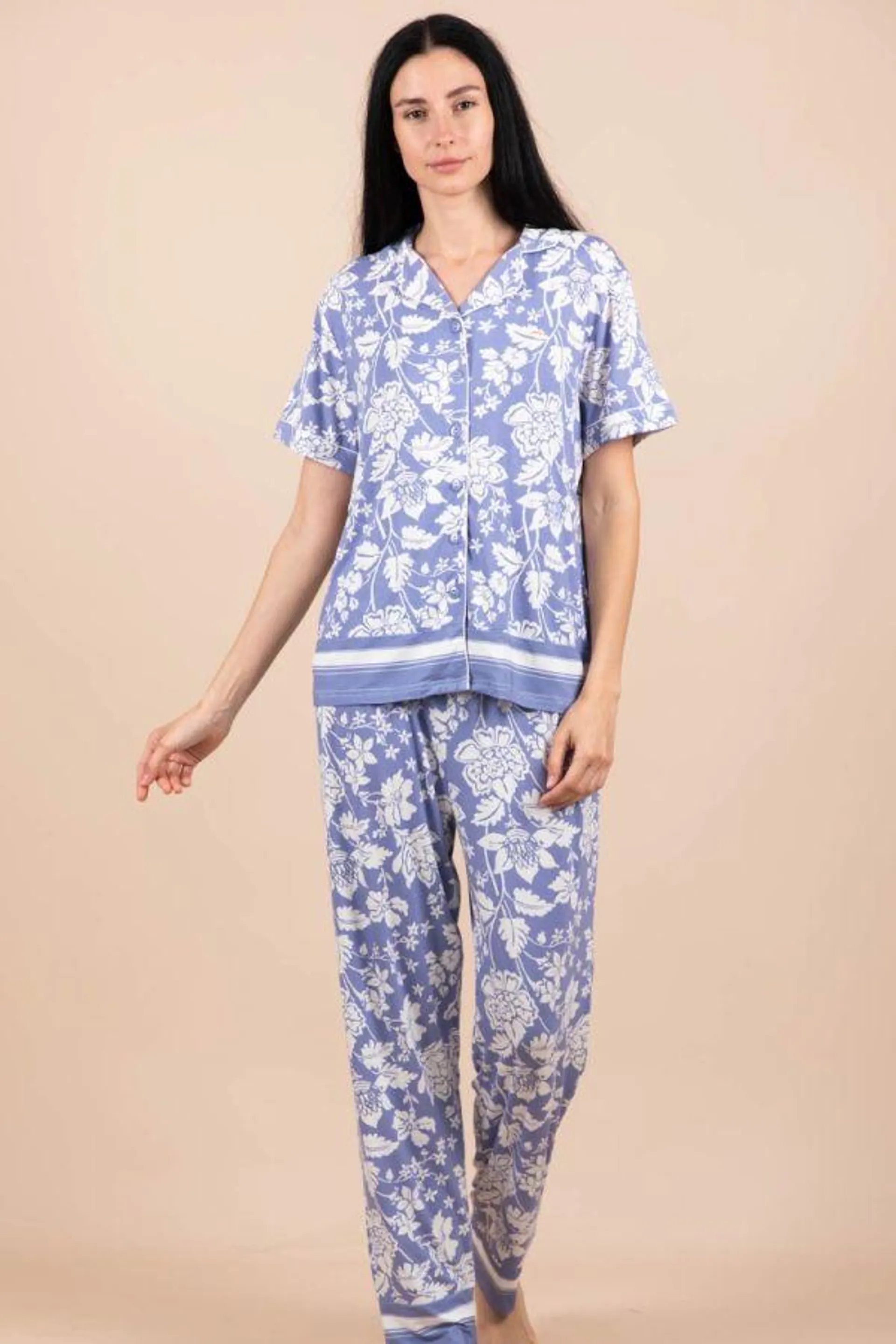 Ladies Dusky Blue Floral Button Through PJ