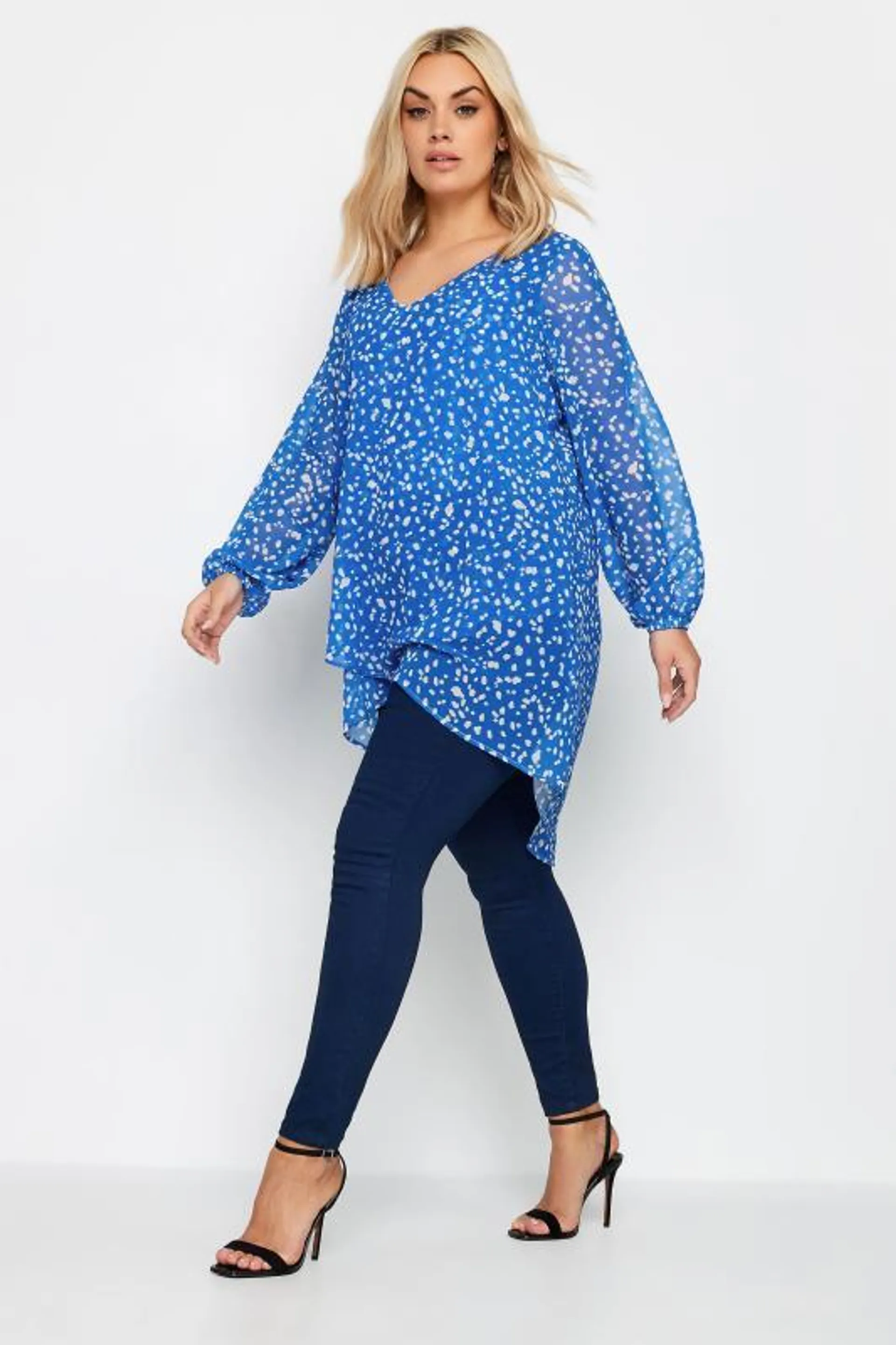 YOURS LONDON Curve Blue Dalmatian Print Wrap Front Blouse