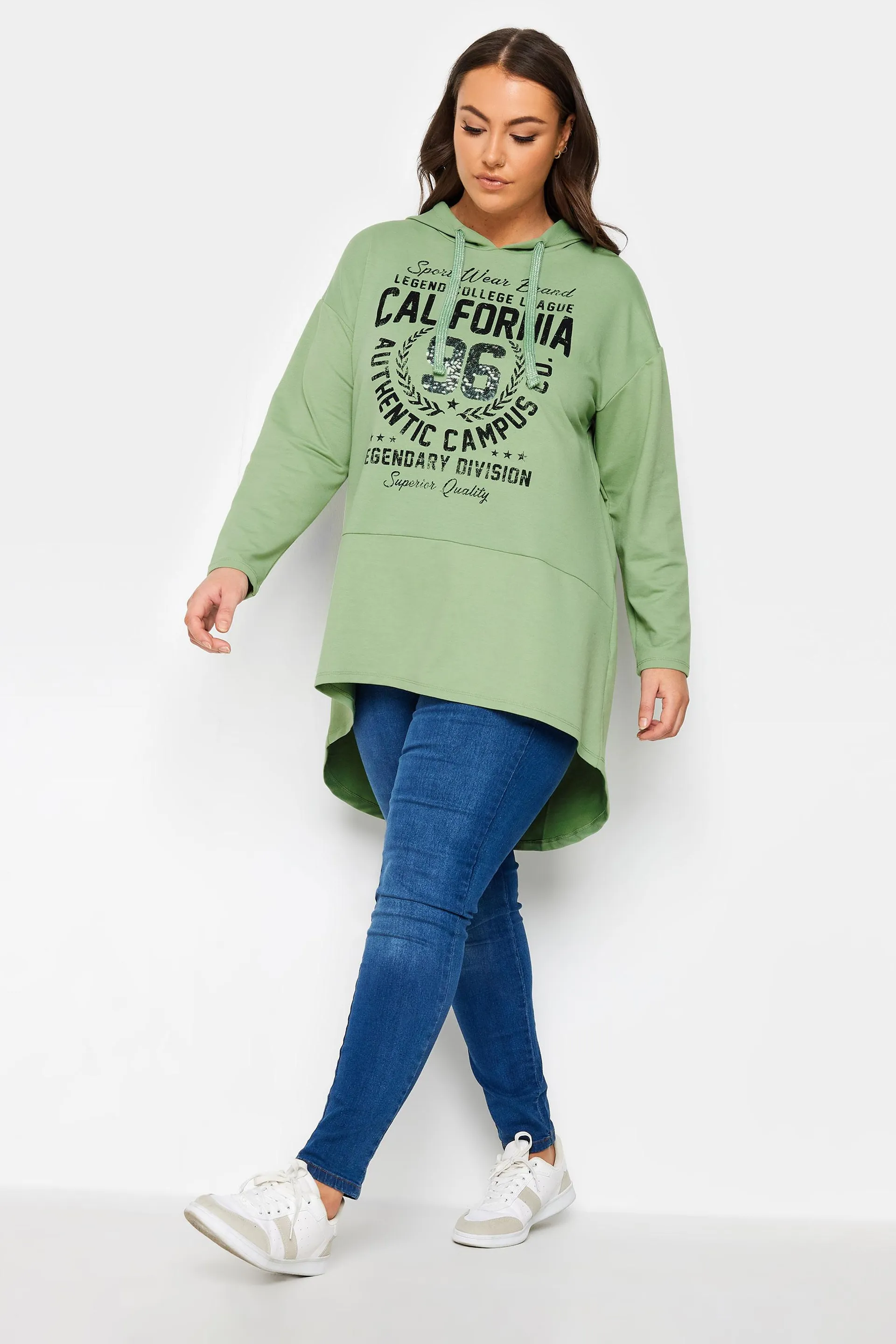 YOURS Curve Green 'California' Slogan Longline Hoodie