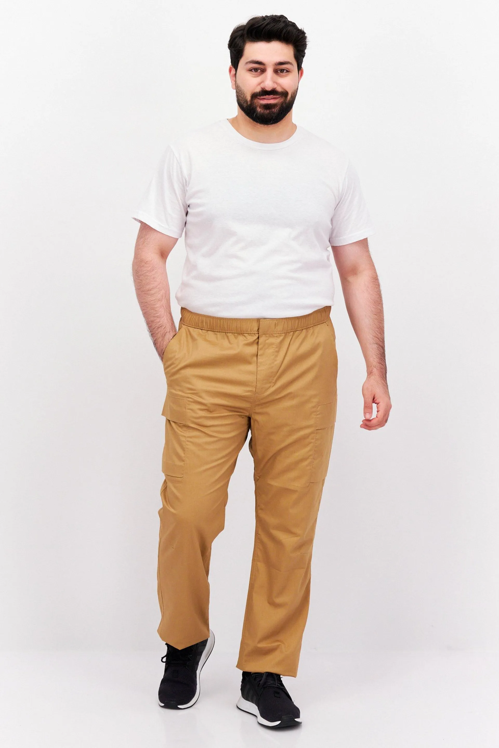 Men Regular Fit Plain Cargo Pants, Tan