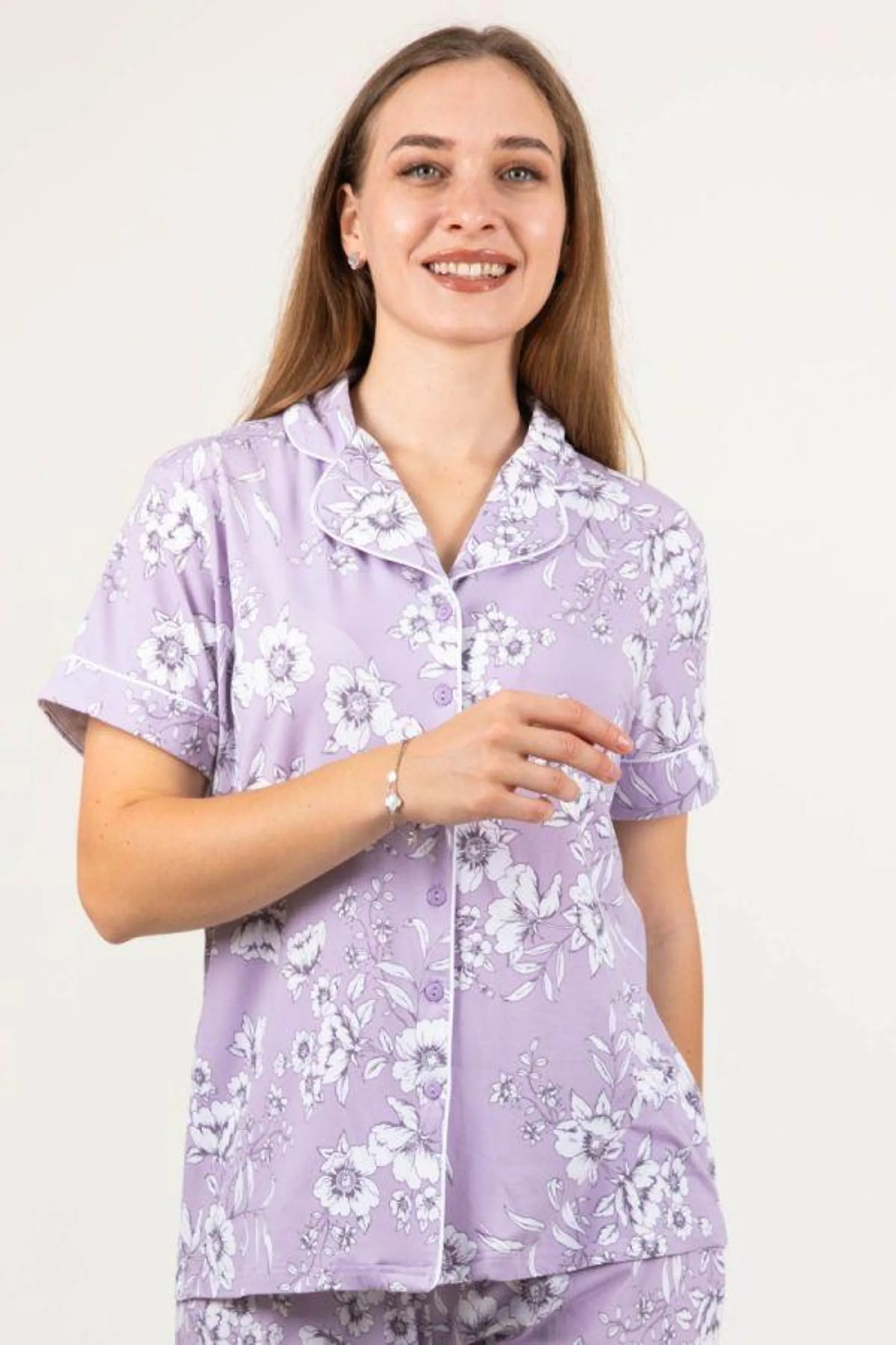 Ladies Lilac Floral Button Through Top