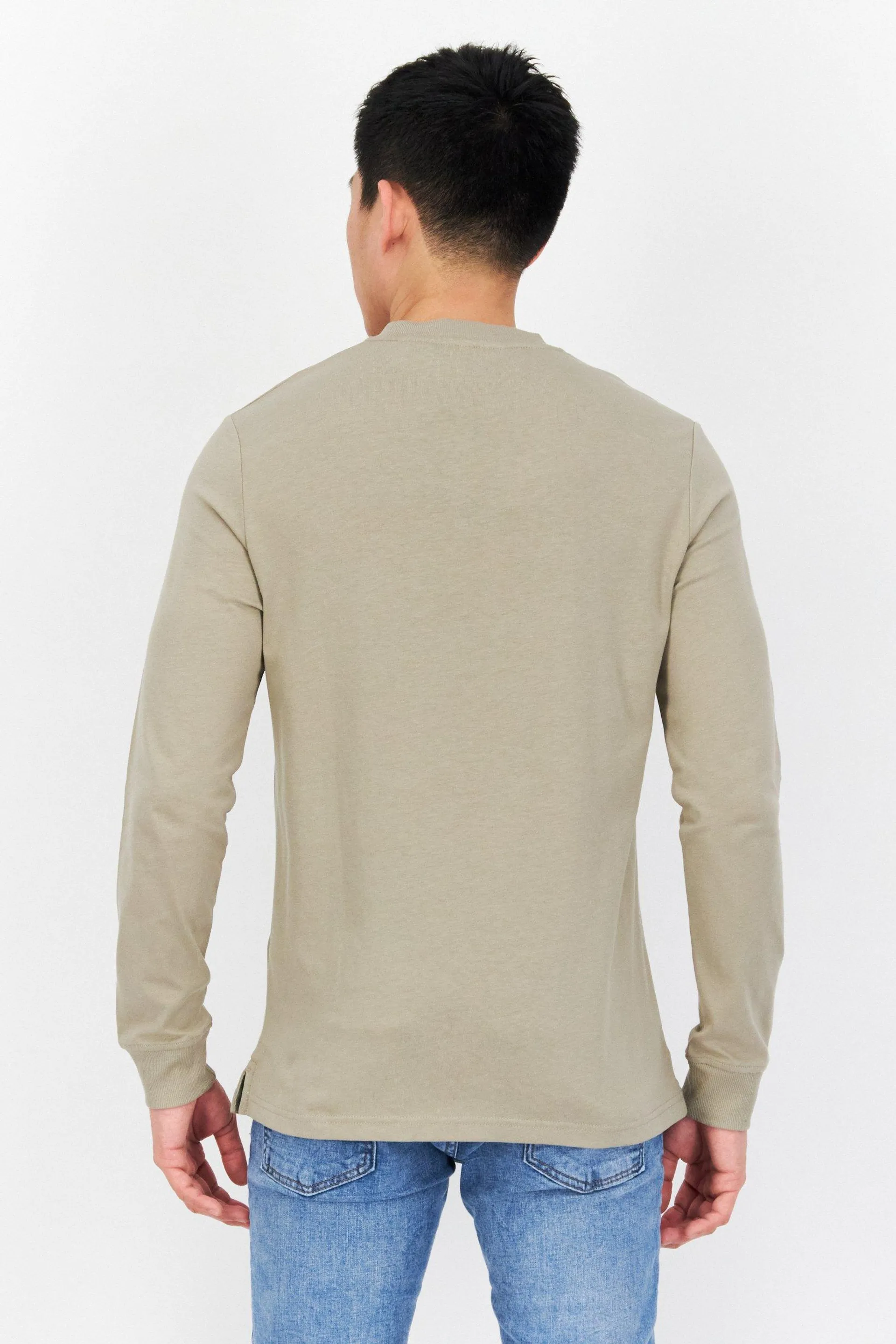 Men Round Neck Long Sleeves Embroidered T-Shirt, Khaki Smoke