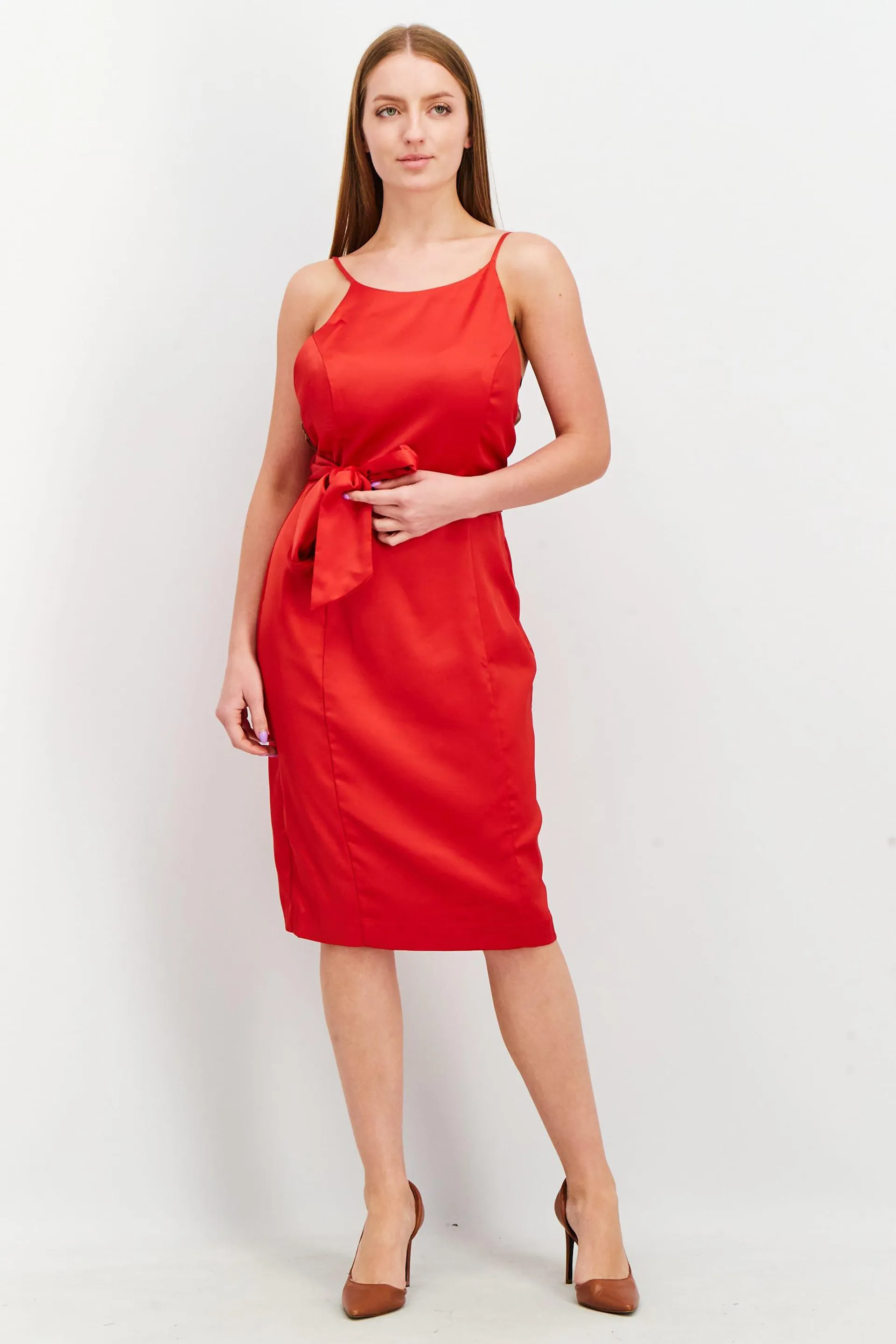 Women Plain Belted Mini Dress, Red