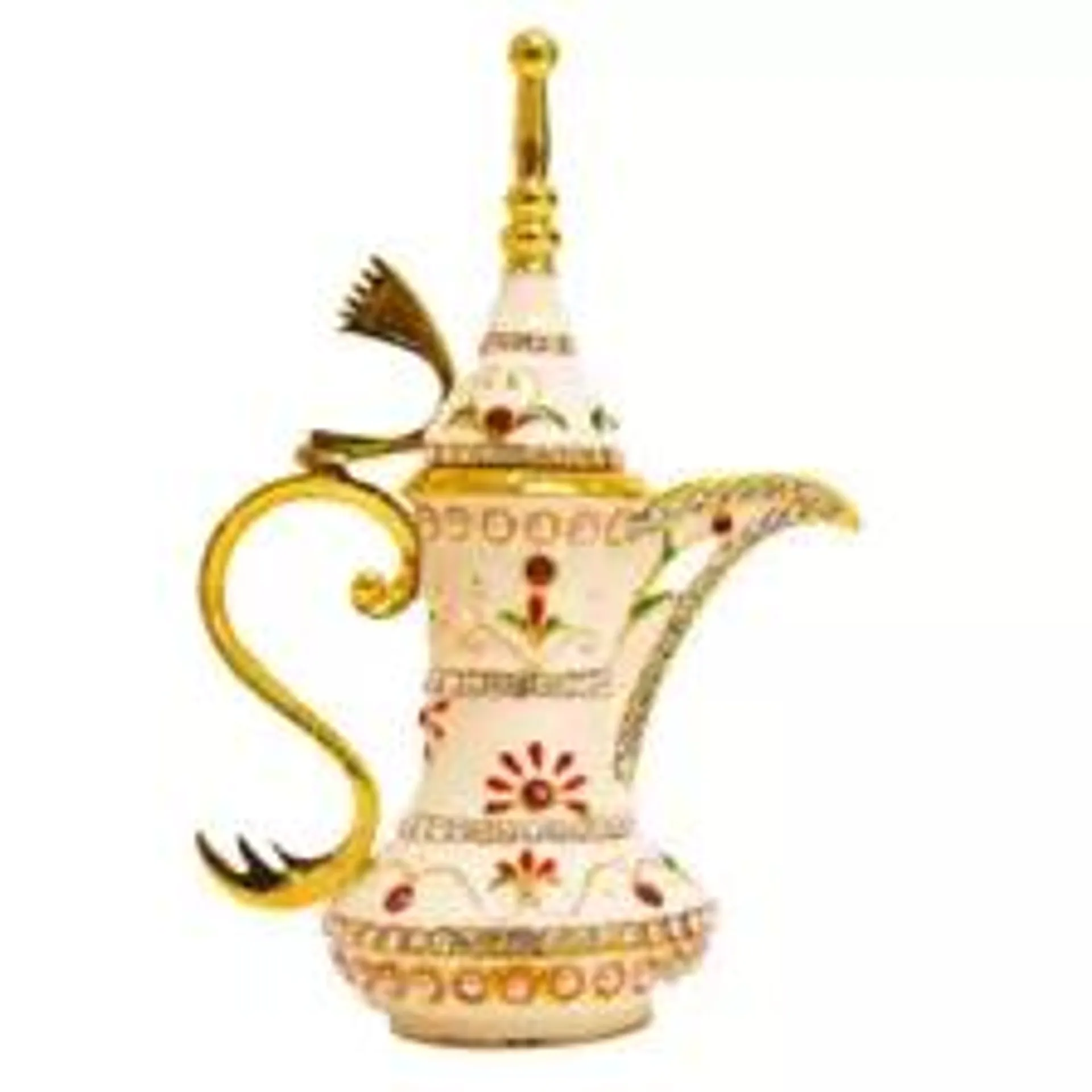 Argento Dubai Souvenir Dallah Pot with Crystals, Cream Enamel, Arabian Traditional Design.