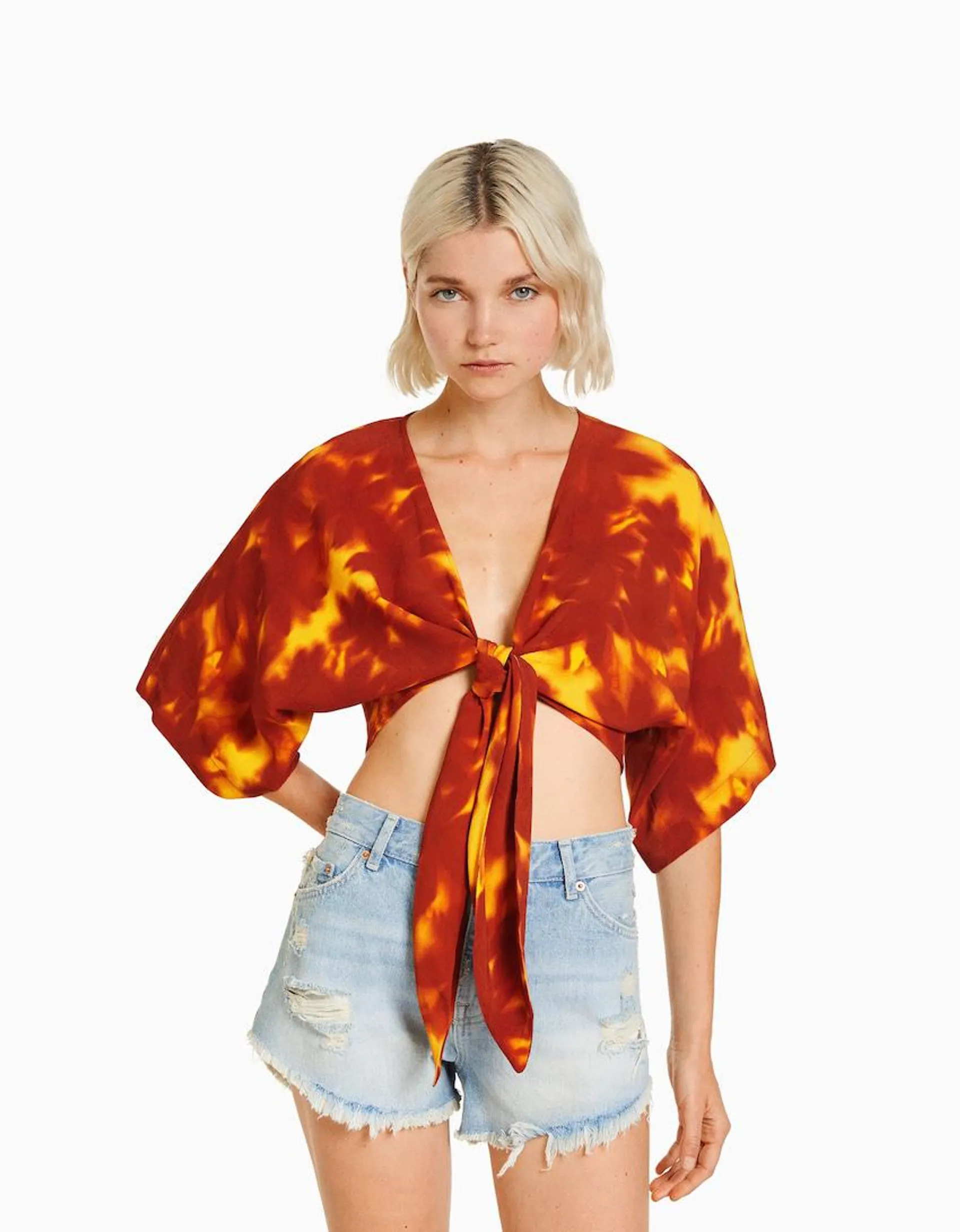 Rustic kimono-effect shirt with knot