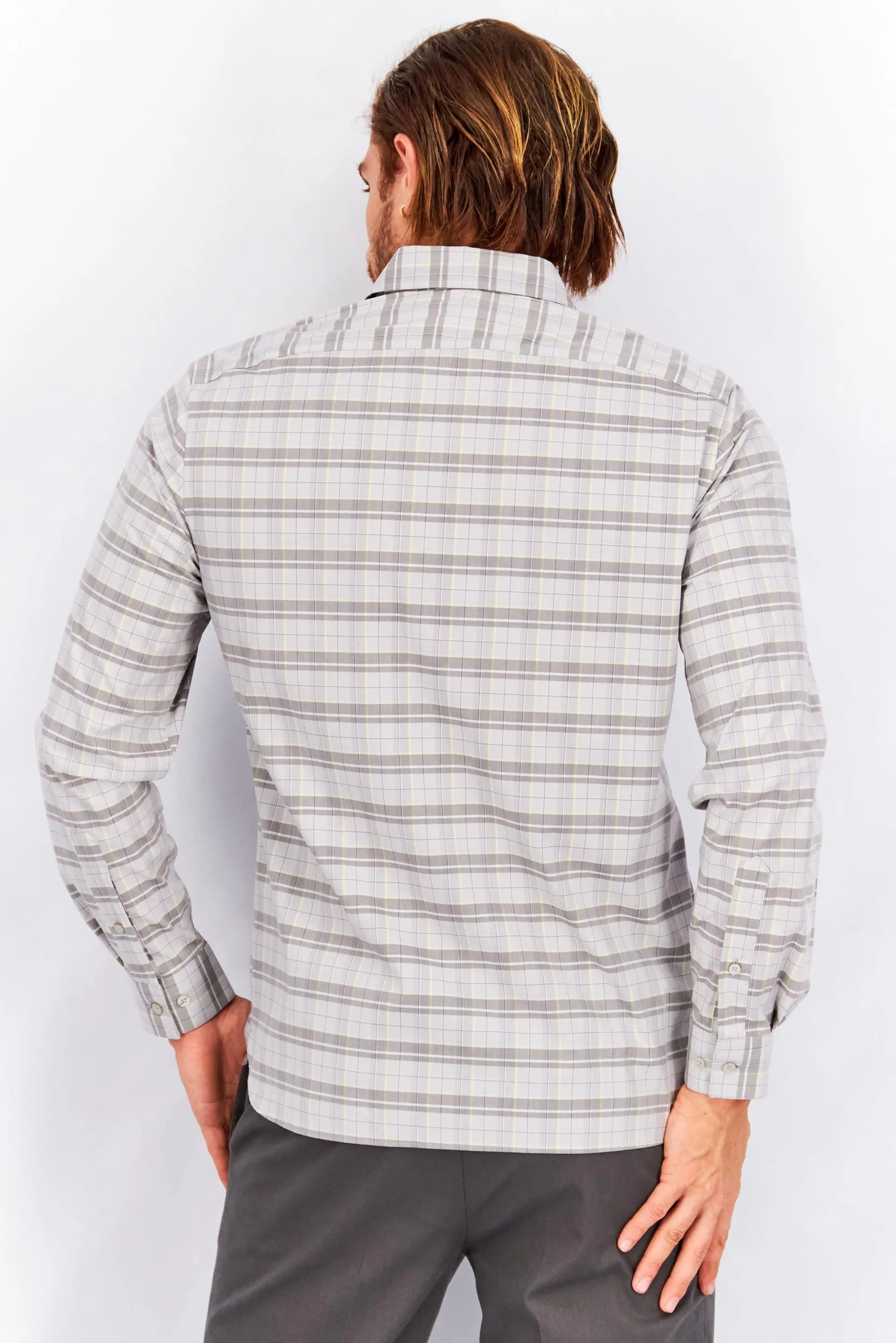 Men Slim Fit Window Pane Long Sleeve Dress Shirt, Grey