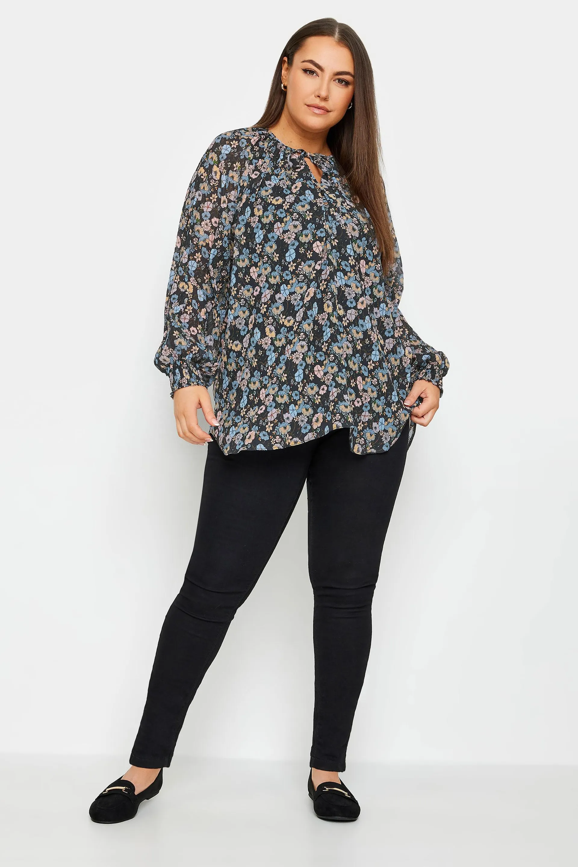 YOURS Curve Black Floral Print Tie Neck Blouse