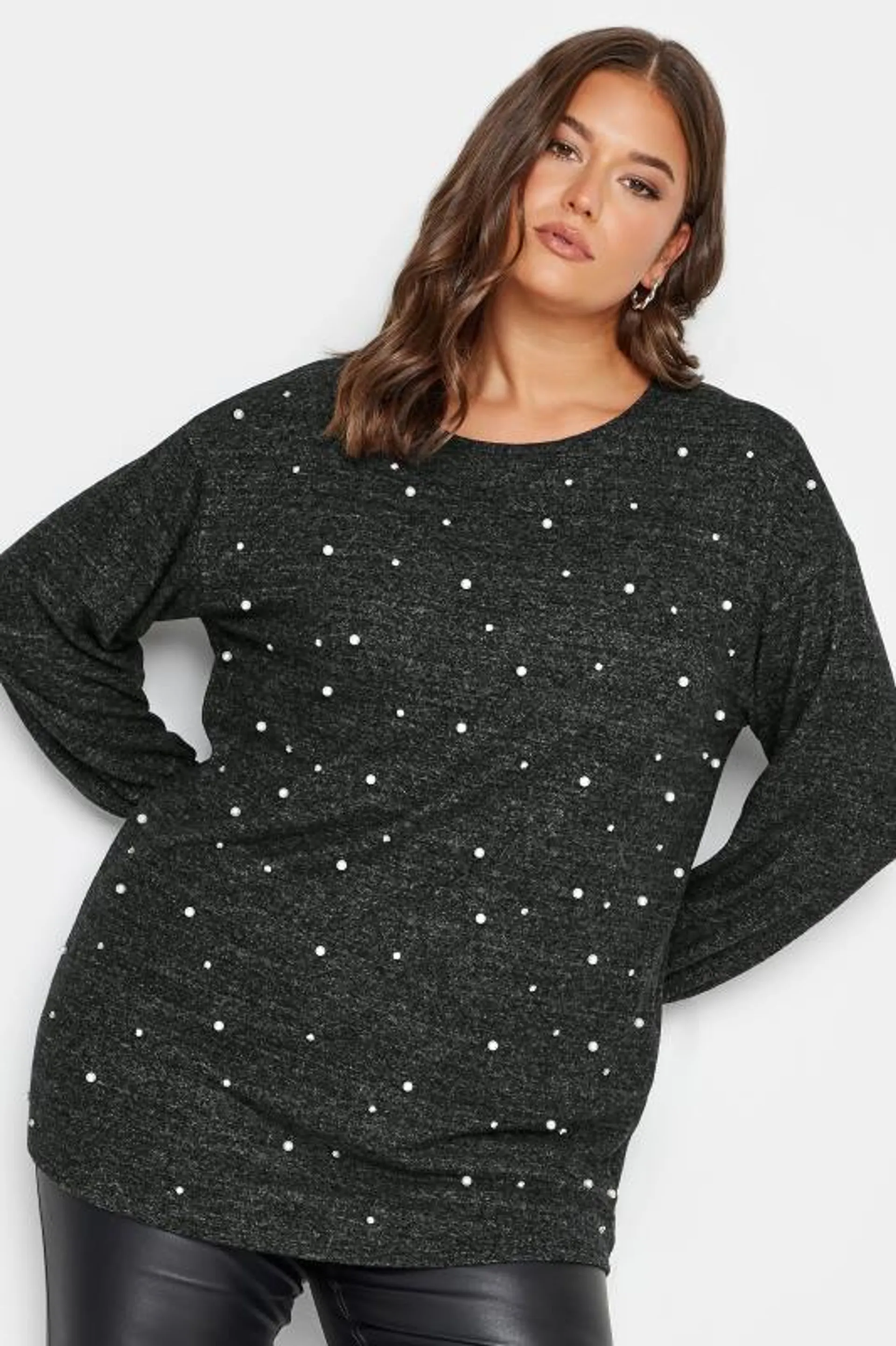 YOURS LUXURY Curve Charcoal Grey Soft Touch Pearl Jumper