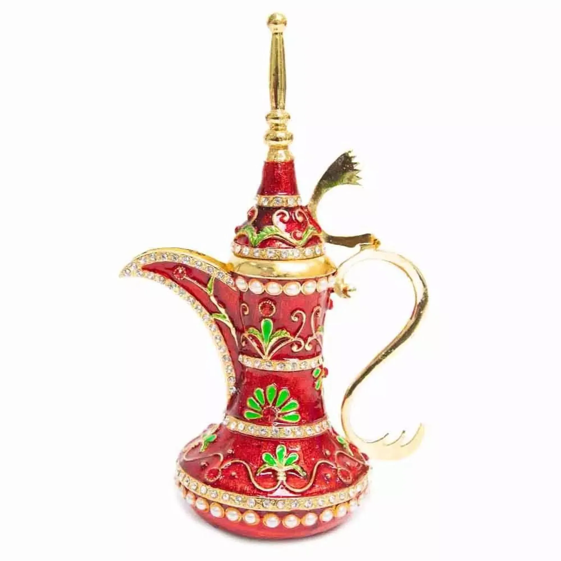 Argento Dubai Souvenir Dallah Pot with Crystals, Red Enamel, Arabian Traditional Design.