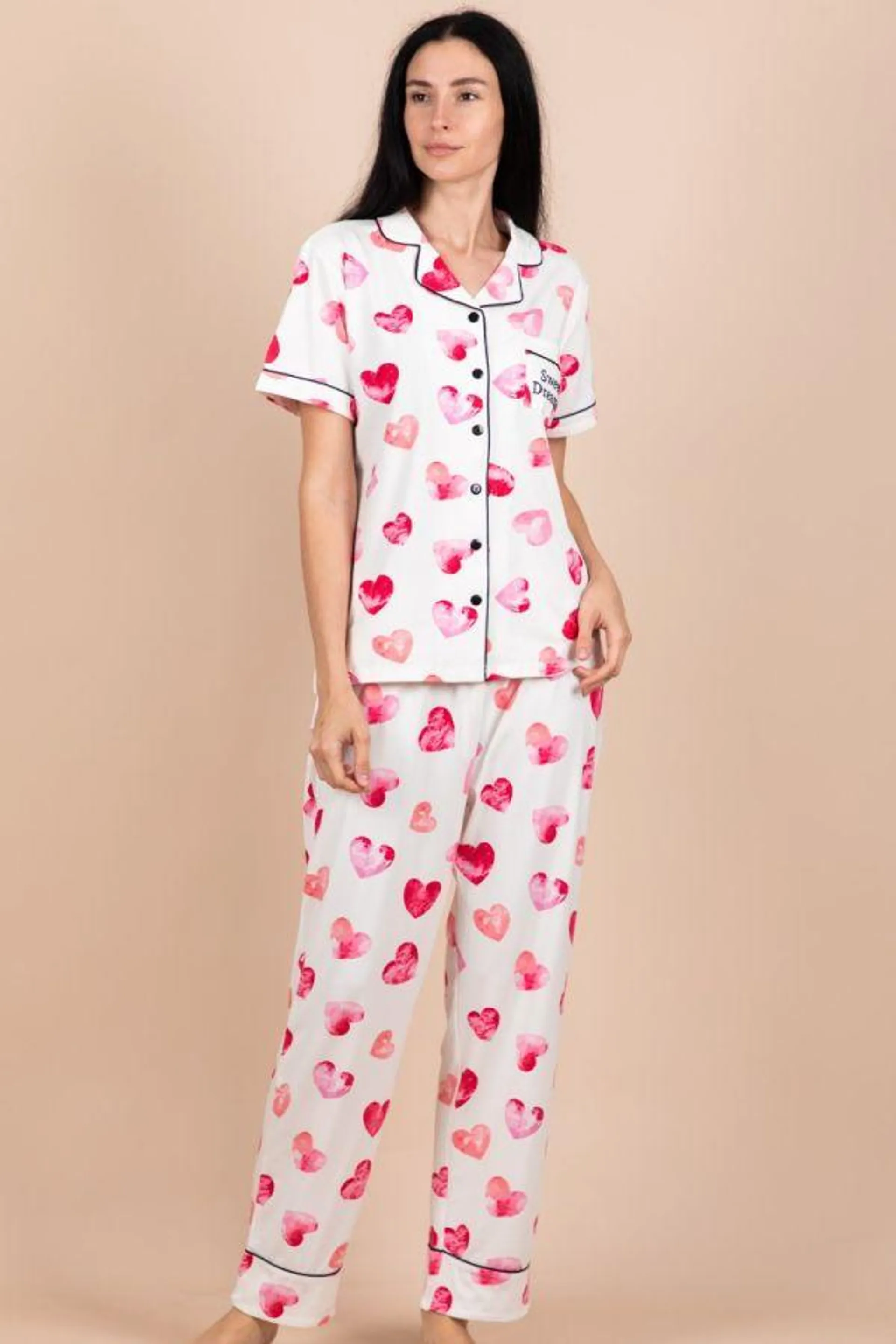 Ladies White Heart Button Through PJ